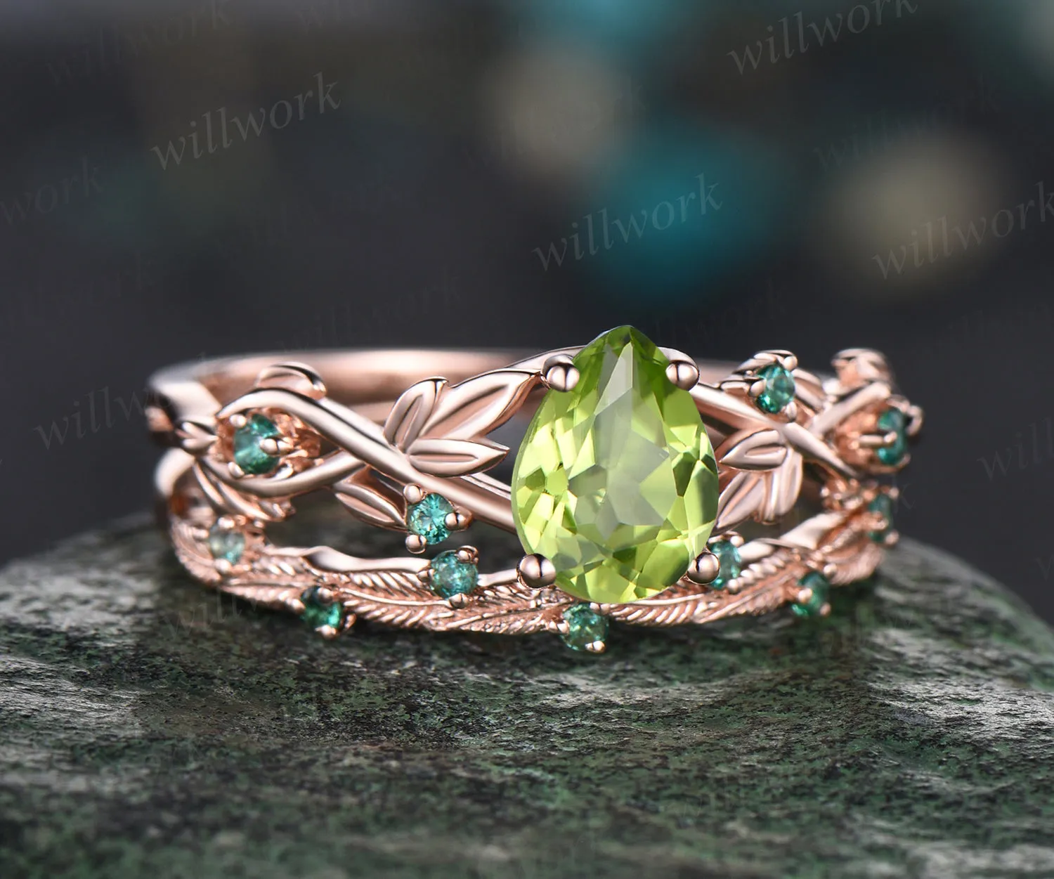 Pear Shaped August Birthstone Natural Peridot Engagement Ring Set Unique Leaf Floral Vine Twig Branch Nature Inspired Emerald Ring 14k Rose Gold 2pcs Bridal Ring Set sold by Willwork Jewelry product image thumbnail 4
