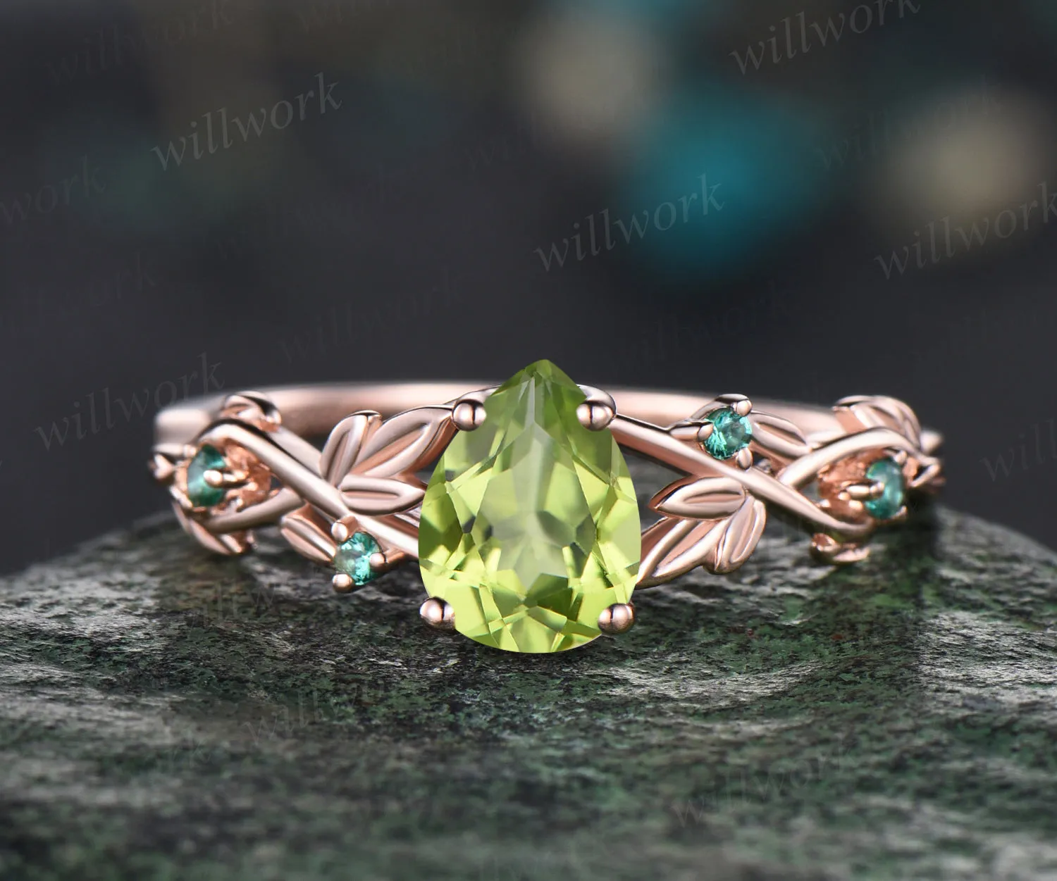 Pear Shaped August Birthstone Natural Peridot Engagement Ring Set Unique Leaf Floral Vine Twig Branch Nature Inspired Emerald Ring 14k Rose Gold 2pcs Bridal Ring Set sold by Willwork Jewelry product image thumbnail 3