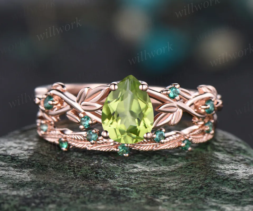 Pear Shaped August Birthstone Natural Peridot Engagement Ring Set Unique Leaf Floral Vine Twig Branch Nature Inspired Emerald Ring 14k Rose Gold 2pcs Bridal Ring Set sold by Willwork Jewelry