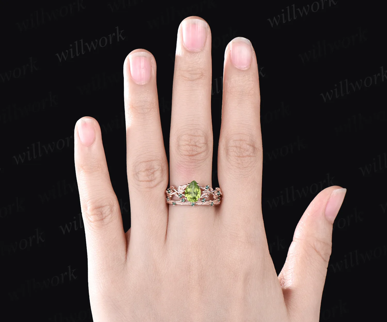 Pear Shaped August Birthstone Natural Peridot Engagement Ring Set Unique Leaf Floral Vine Twig Branch Nature Inspired Emerald Ring 14k Rose Gold 2pcs Bridal Ring Set sold by Willwork Jewelry product image thumbnail 2
