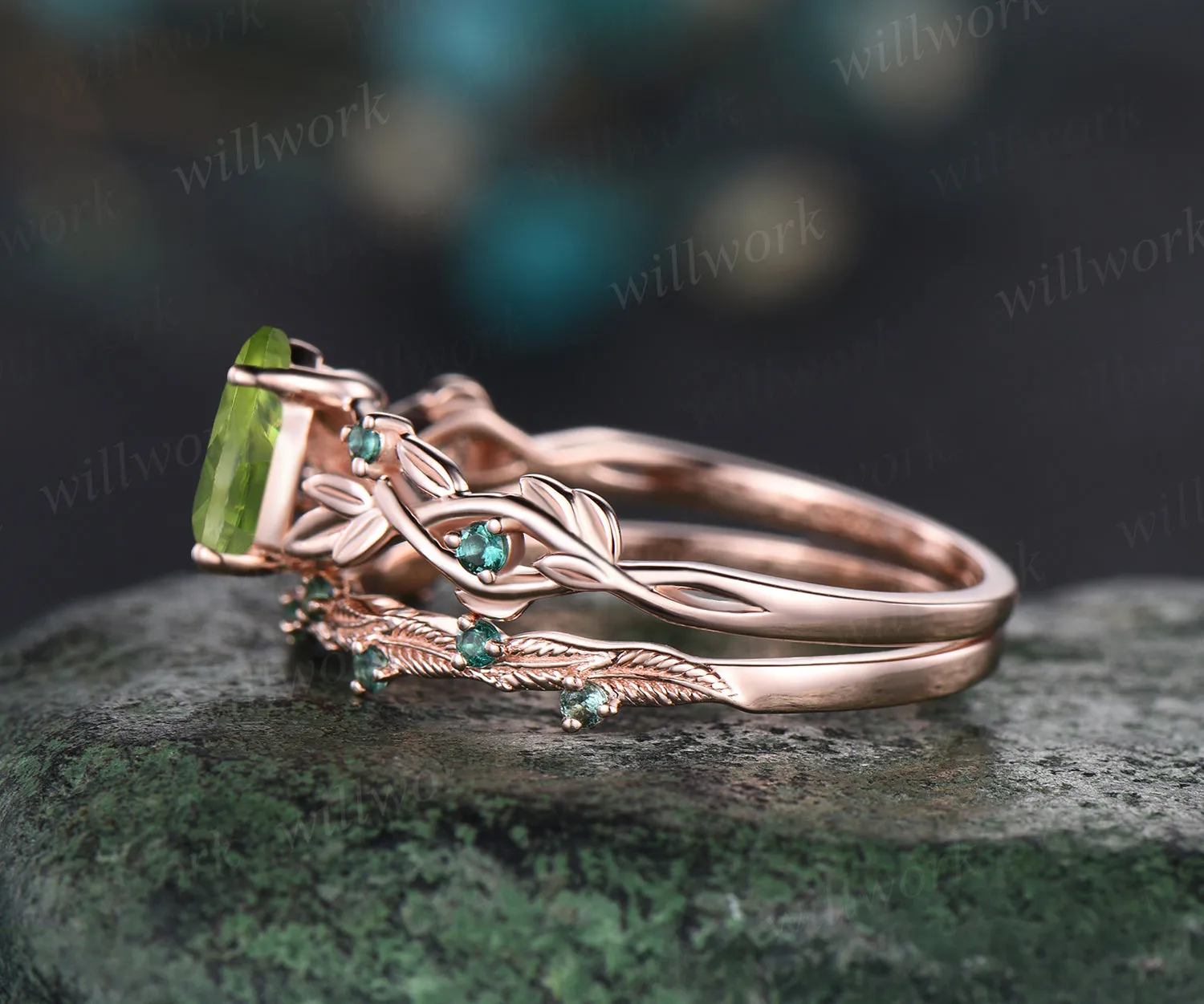 Pear Shaped August Birthstone Natural Peridot Engagement Ring Set Unique Leaf Floral Vine Twig Branch Nature Inspired Emerald Ring 14k Rose Gold 2pcs Bridal Ring Set sold by Willwork Jewelry product image thumbnail 5