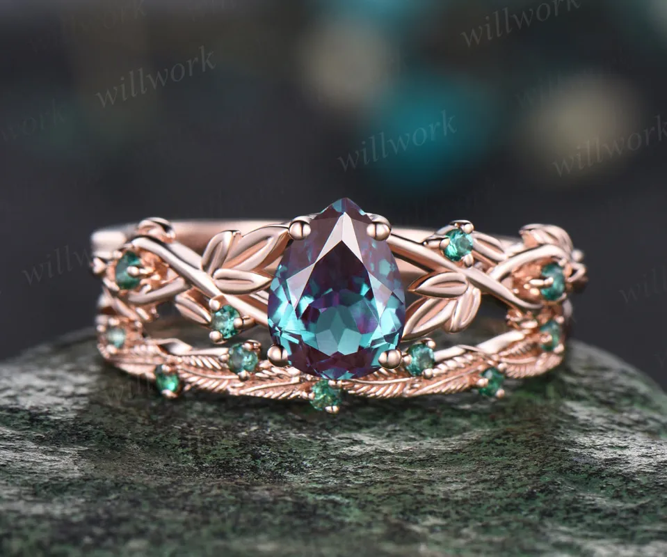 Unique Pear Cut Alexandrite Engagement Ring Set Leaf Vine Twig Branch Nature Inspired Ring Emerald Wedding Band Art Deco 2pcs Bridal Ring Set sold by Willwork Jewelry