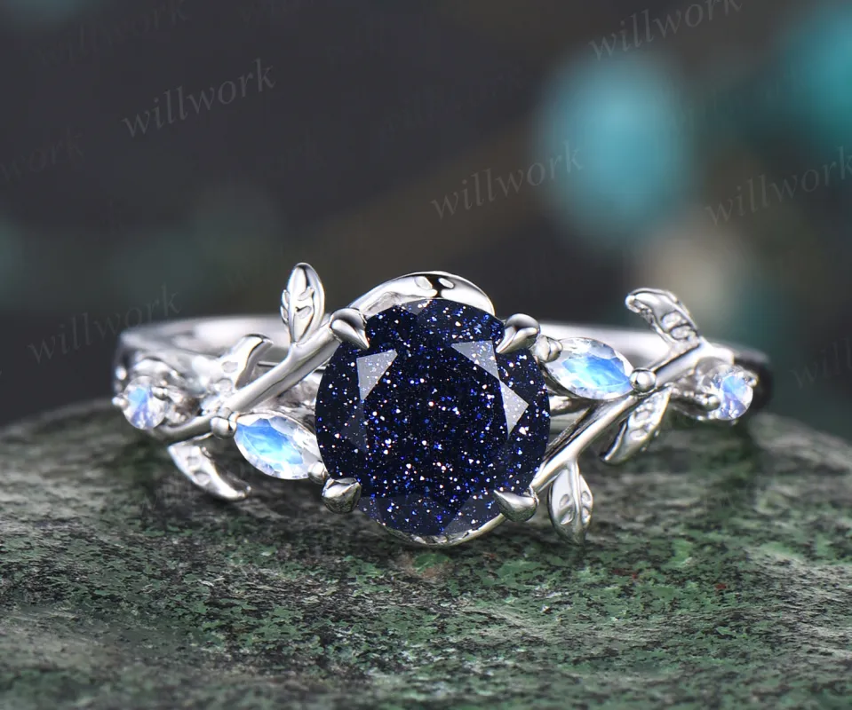 Vintage round cut blue sandstone engagement ring marquise moonstone ring twig leaf dainty bridal ring for women jewelry gifts sold by Willwork Jewelry