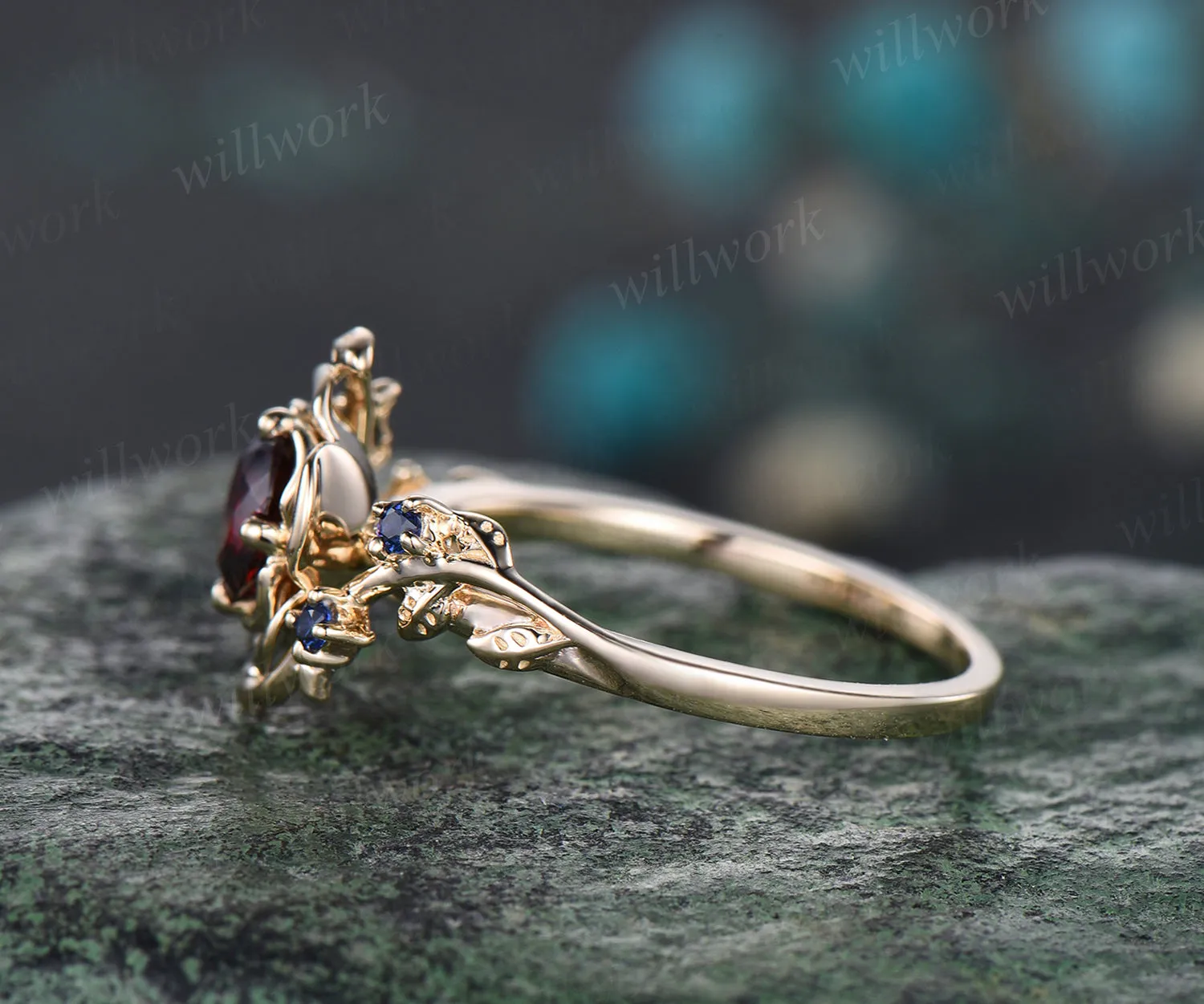 Unique round cut garnet engagement ring floral leaf art deco sapphires ring nature inspired wedding ring for women birthstone gifts sold by Willwork Jewelry product image thumbnail 4