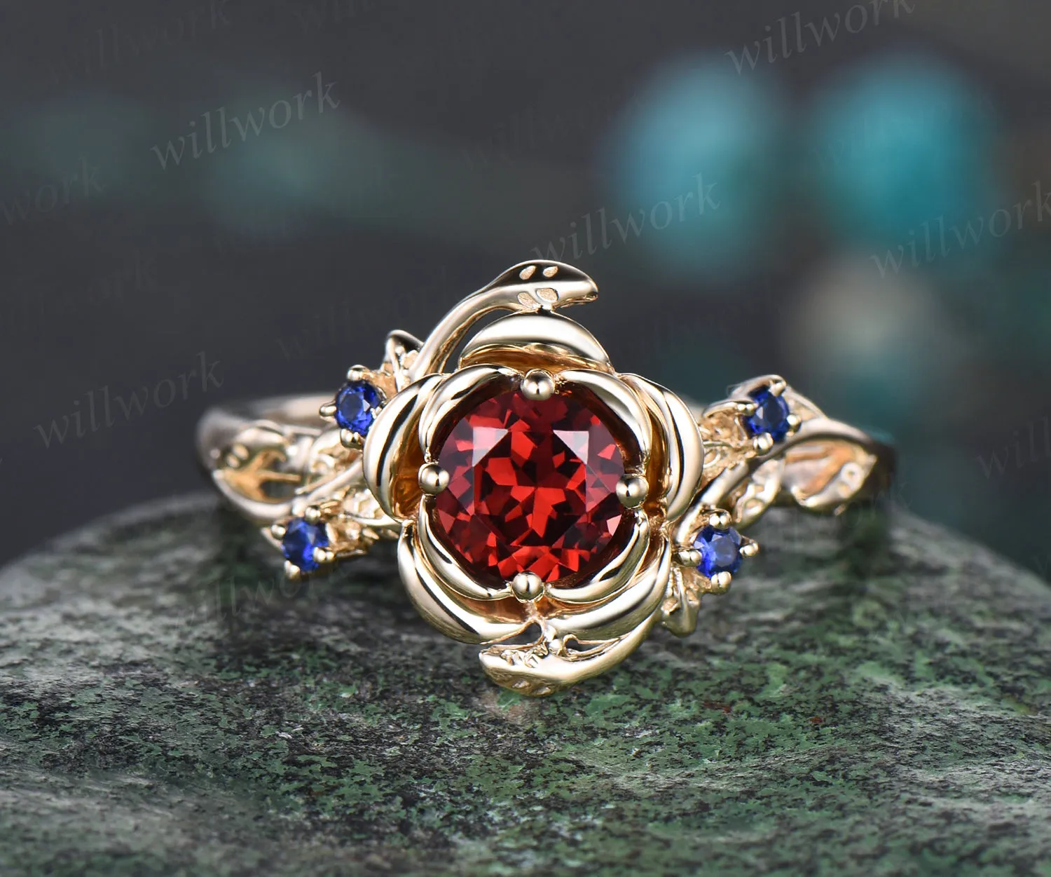 Unique round cut garnet engagement ring floral leaf art deco sapphires ring nature inspired wedding ring for women birthstone gifts sold by Willwork Jewelry