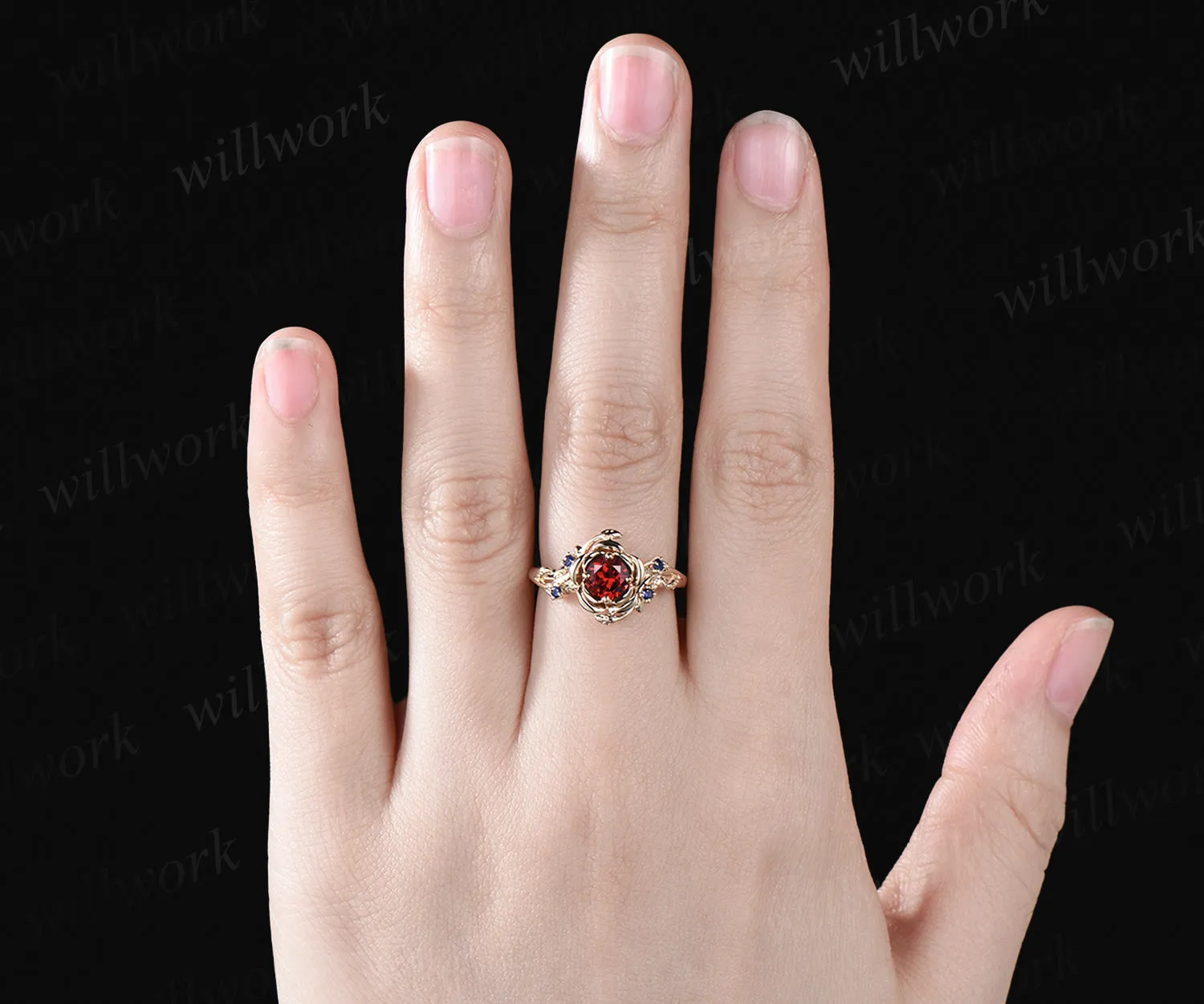 Unique round cut garnet engagement ring floral leaf art deco sapphires ring nature inspired wedding ring for women birthstone gifts sold by Willwork Jewelry product image thumbnail 2