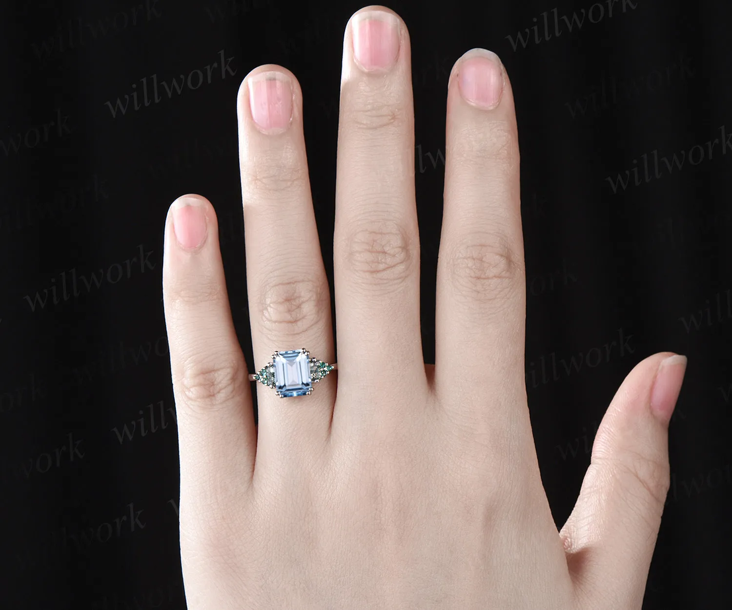 Emerald cut aquamarine engagement ring art deco emeralds ring twisted white gold promise wedding ring for women sold by Willwork Jewelry product image thumbnail 2