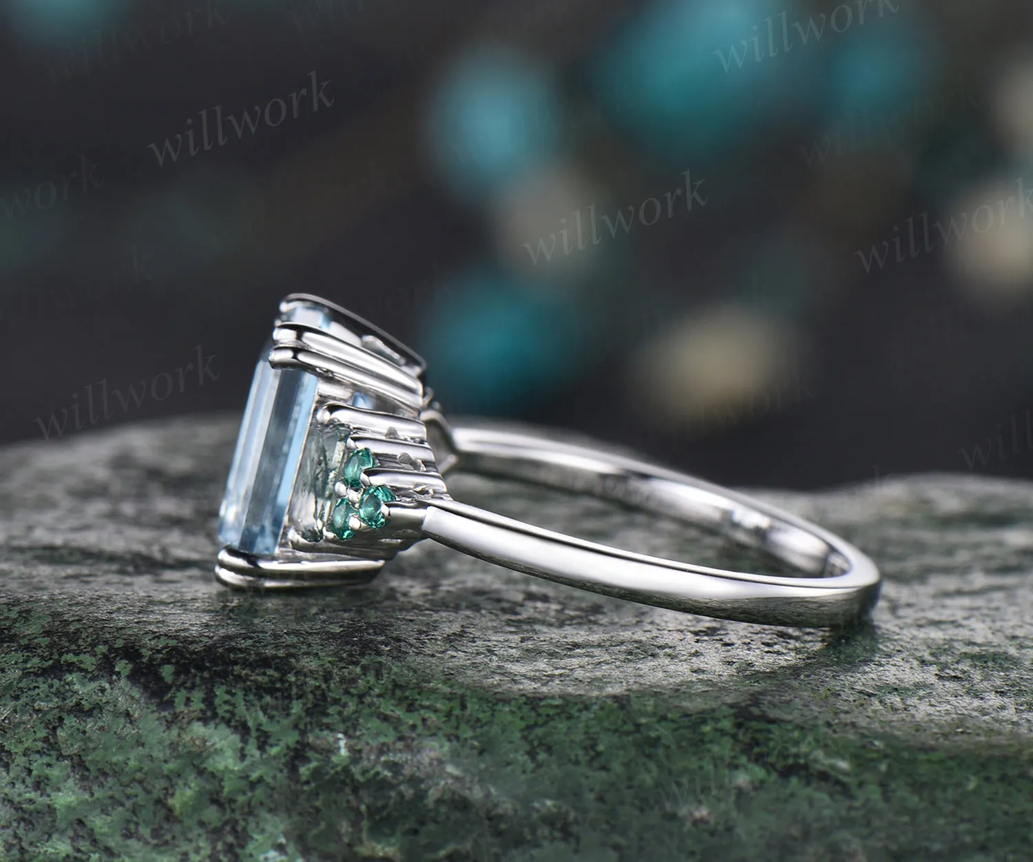 Emerald cut aquamarine engagement ring art deco emeralds ring twisted white gold promise wedding ring for women sold by Willwork Jewelry product image thumbnail 4