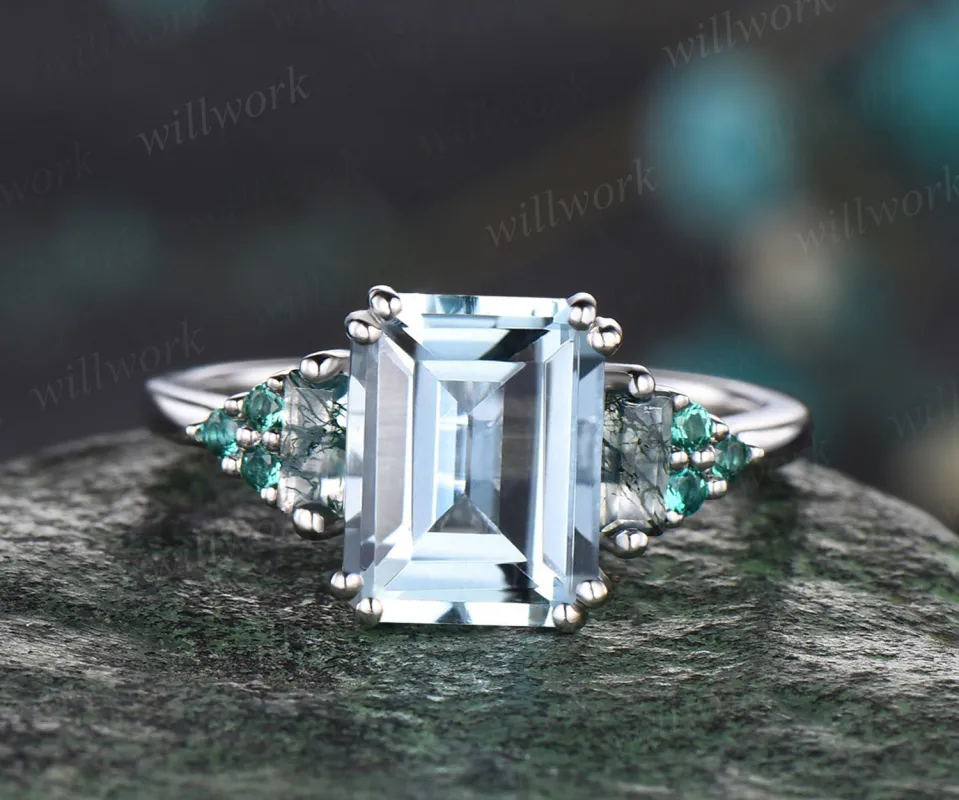 Emerald cut aquamarine engagement ring art deco emeralds ring twisted white gold promise wedding ring for women sold by Willwork Jewelry