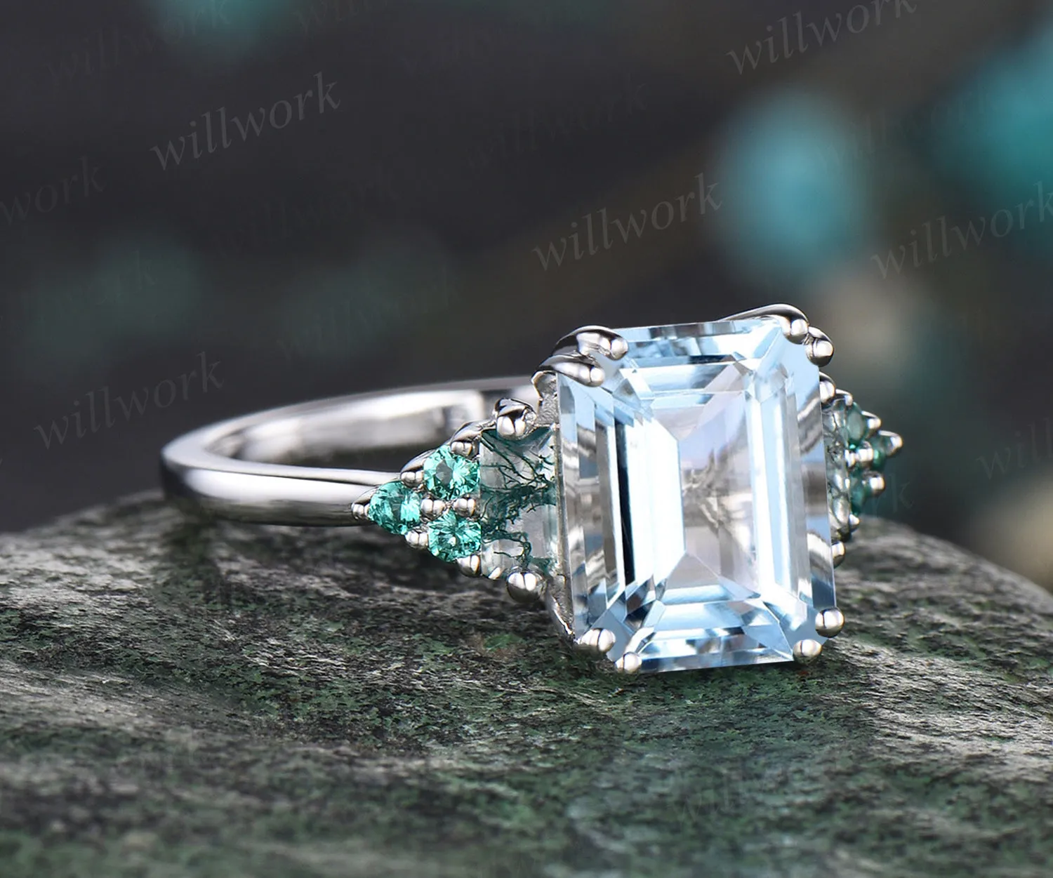 Emerald cut aquamarine engagement ring art deco emeralds ring twisted white gold promise wedding ring for women sold by Willwork Jewelry product image thumbnail 3