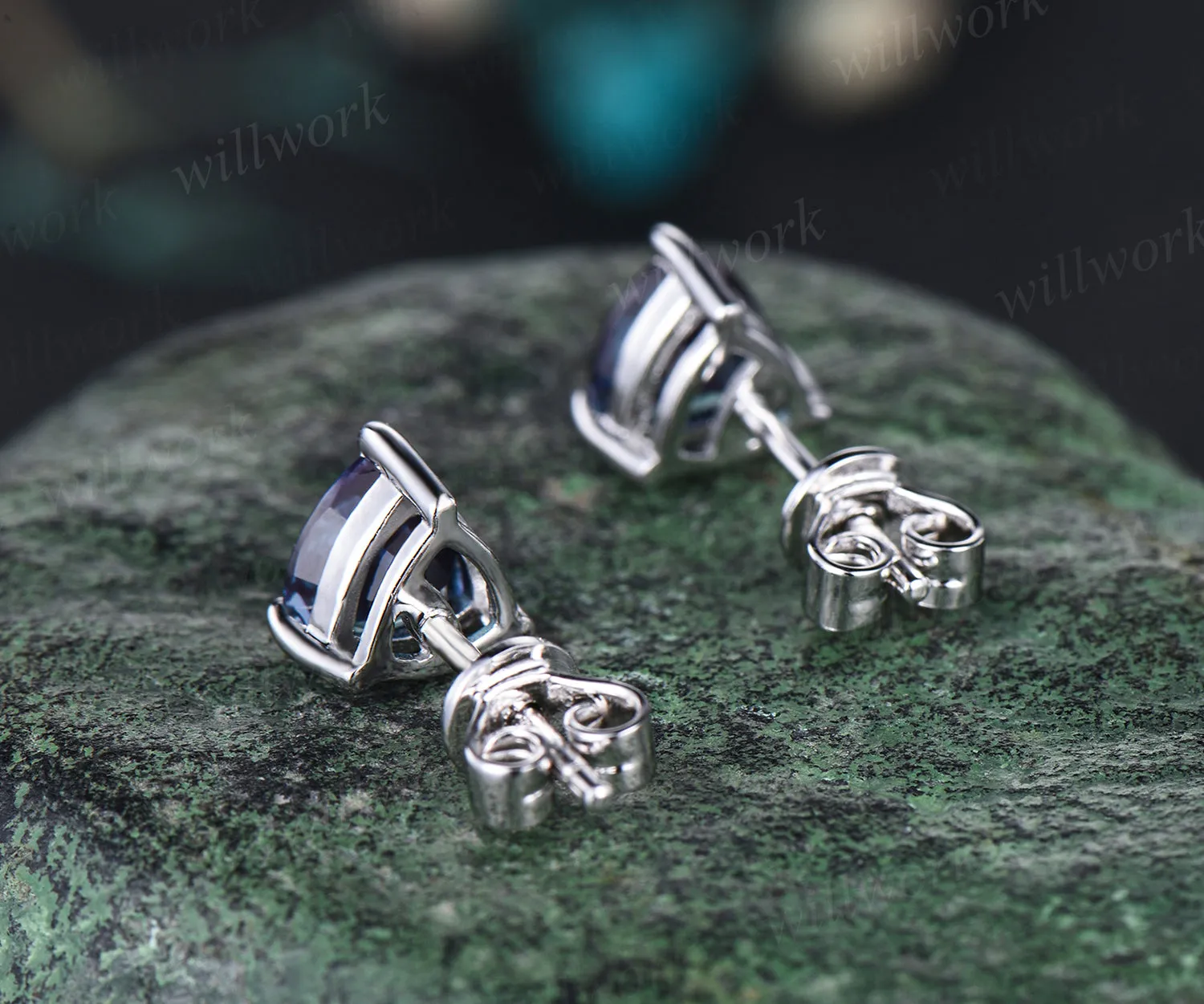 Trillion cut alexandrite earring studs minimalism unique earrings sterling silver 14k/18k white gold earrings for women birthstone gifts for her sold by Willwork Jewelry product image thumbnail 5