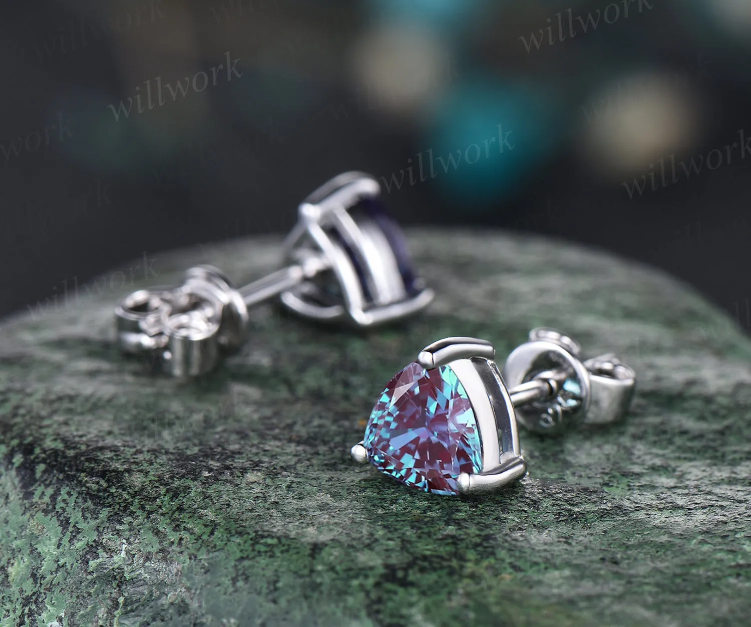 Trillion cut alexandrite earring studs minimalism unique earrings sterling silver 14k/18k white gold earrings for women birthstone gifts for her sold by Willwork Jewelry product image thumbnail 4