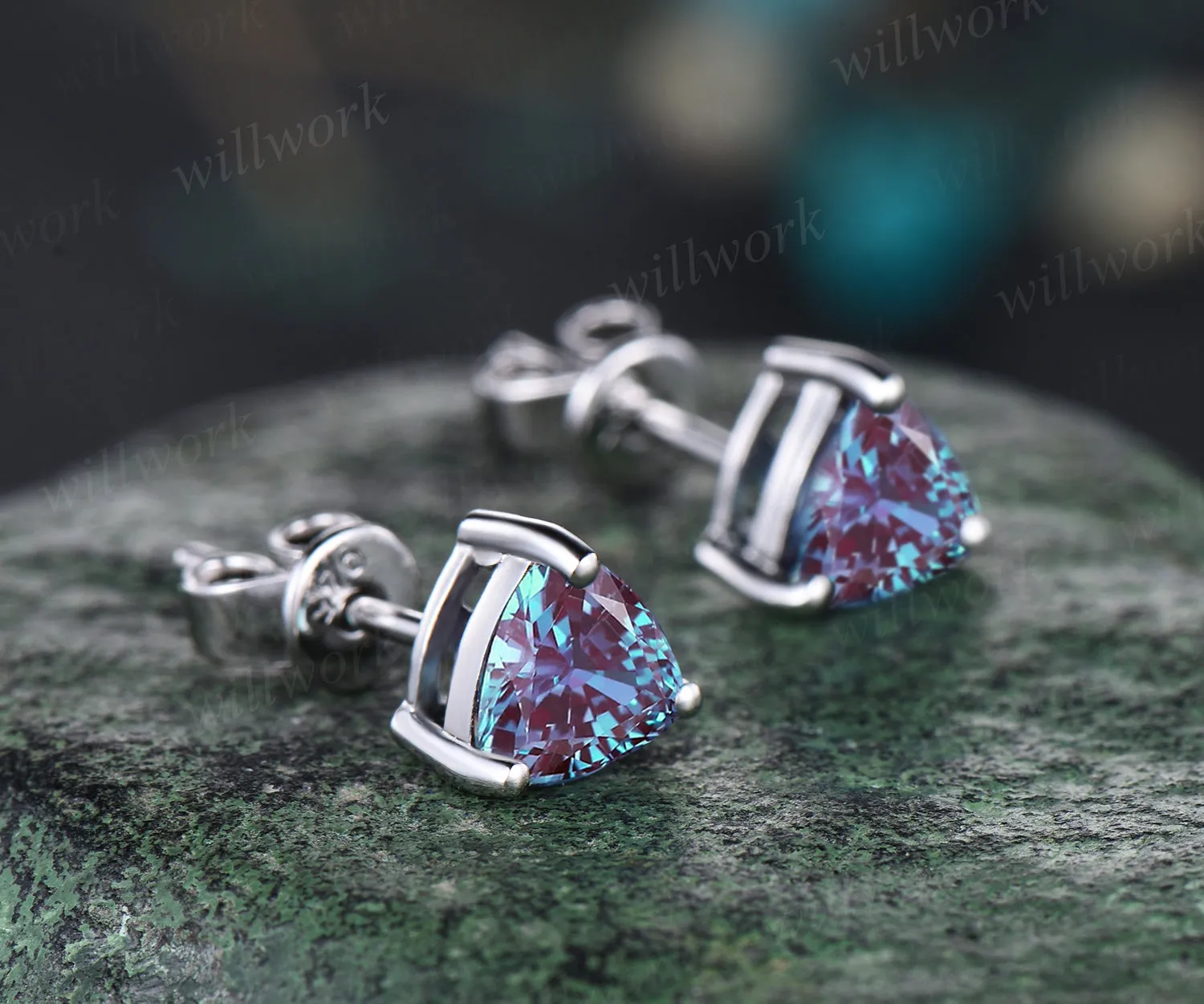 Trillion cut alexandrite earring studs minimalism unique earrings sterling silver 14k/18k white gold earrings for women birthstone gifts for her sold by Willwork Jewelry product image thumbnail 3