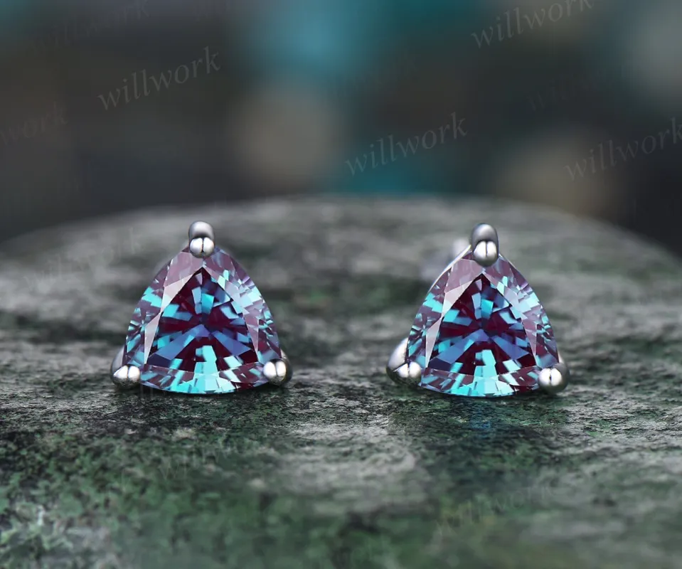 Trillion cut alexandrite earring studs minimalism unique earrings sterling silver 14k/18k white gold earrings for women birthstone gifts for her sold by Willwork Jewelry