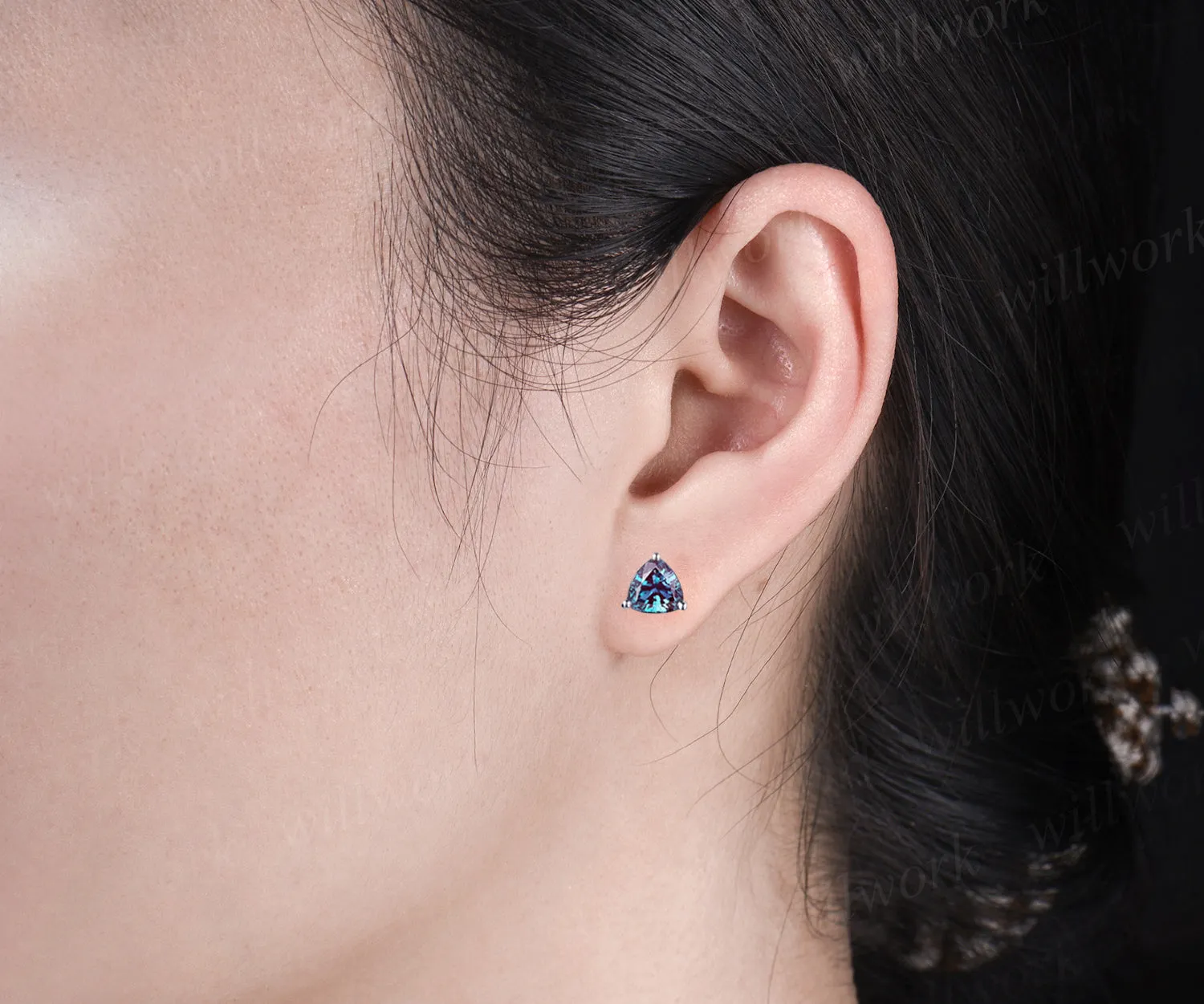 Trillion cut alexandrite earring studs minimalism unique earrings sterling silver 14k/18k white gold earrings for women birthstone gifts for her sold by Willwork Jewelry product image thumbnail 2