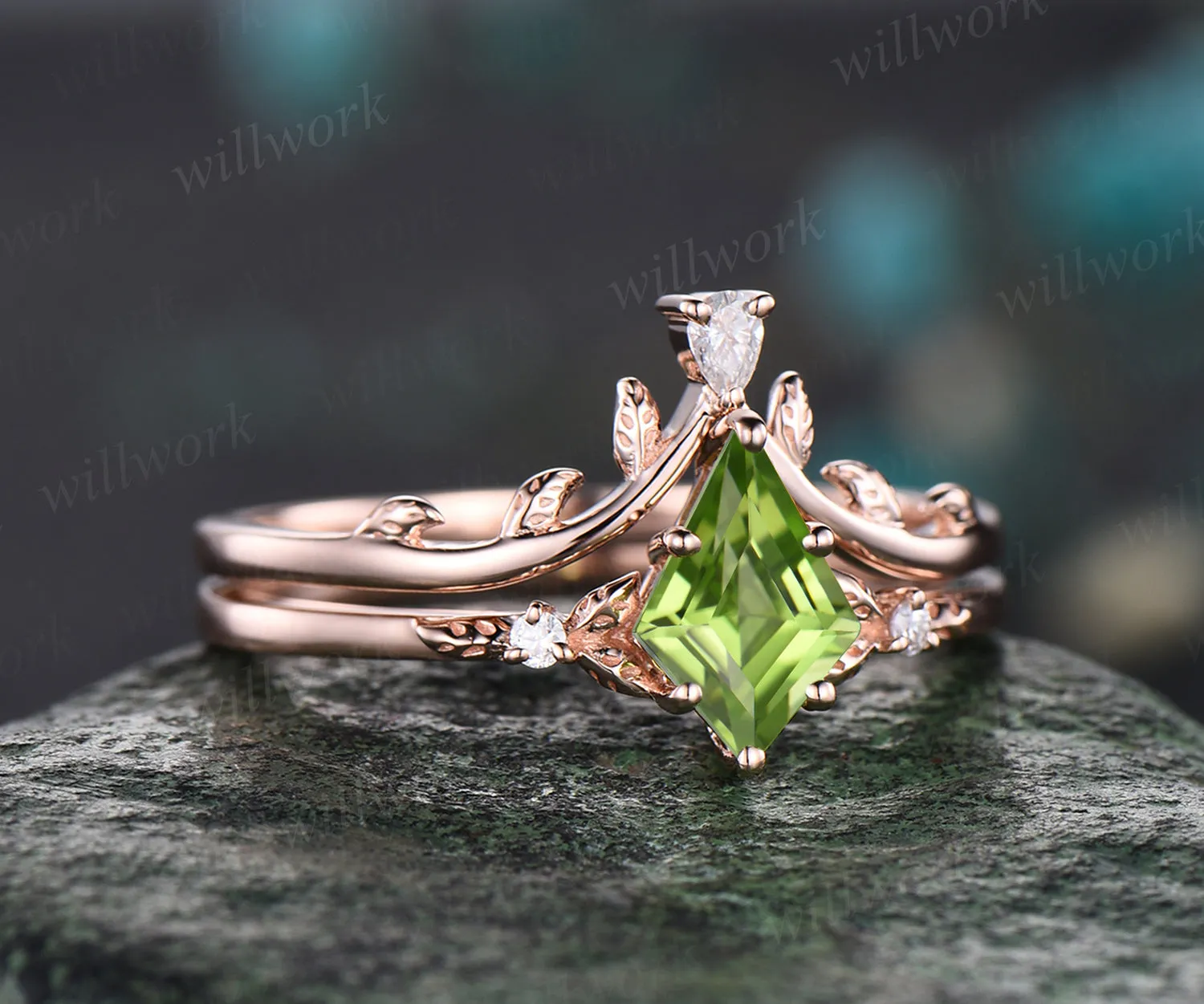 Unique kite peridot engagement ring rose gold art deco nature inspired pear moissanite ring women wedding promise ring set birthstone gift sold by Willwork Jewelry product image thumbnail 3