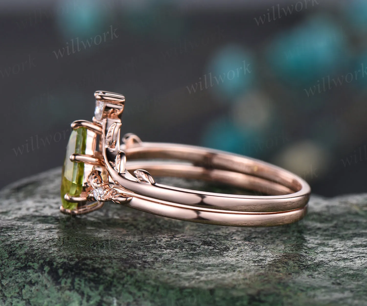 Unique kite peridot engagement ring rose gold art deco nature inspired pear moissanite ring women wedding promise ring set birthstone gift sold by Willwork Jewelry product image thumbnail 5