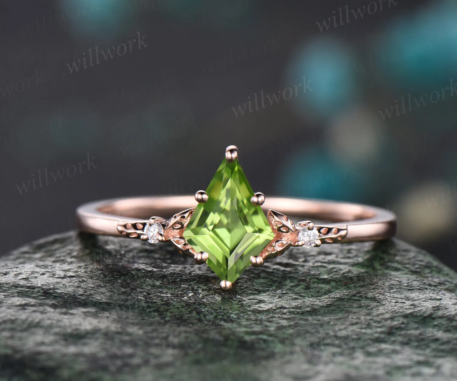 Unique kite peridot engagement ring rose gold art deco nature inspired pear moissanite ring women wedding promise ring set birthstone gift sold by Willwork Jewelry product image thumbnail 4