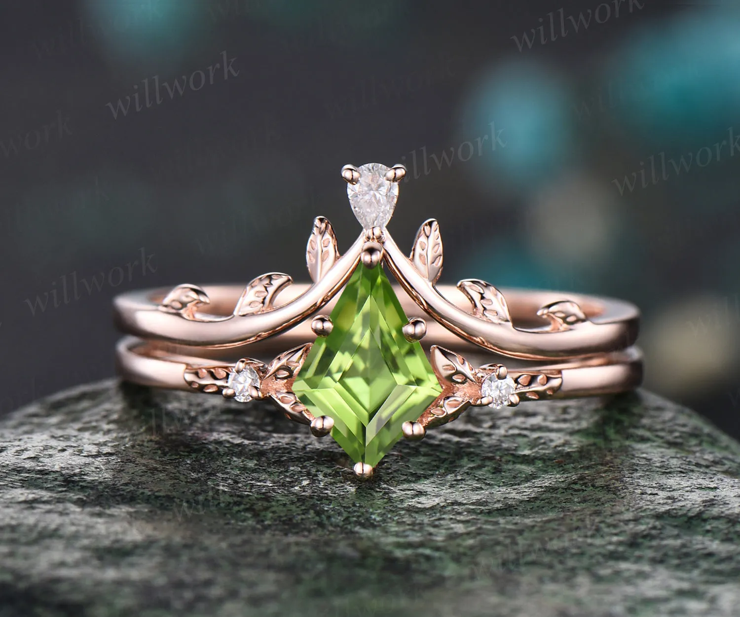Unique kite peridot engagement ring rose gold art deco nature inspired pear moissanite ring women wedding promise ring set birthstone gift sold by Willwork Jewelry