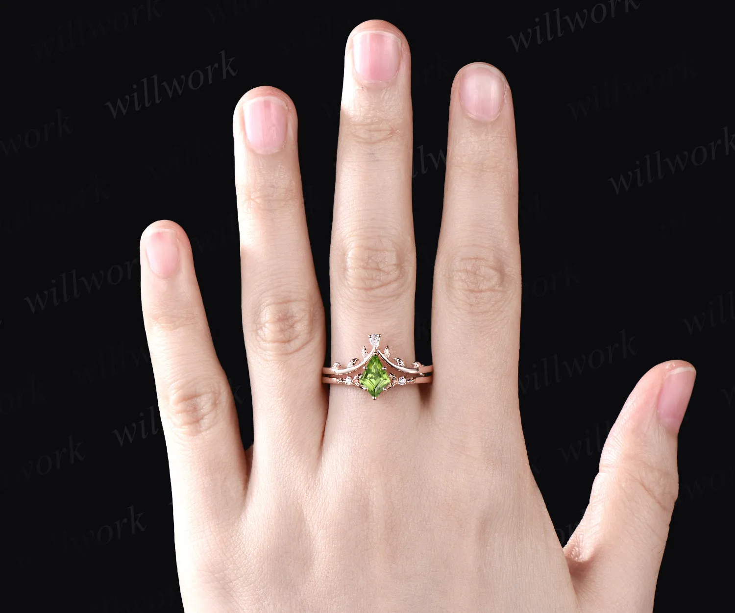 Unique kite peridot engagement ring rose gold art deco nature inspired pear moissanite ring women wedding promise ring set birthstone gift sold by Willwork Jewelry product image thumbnail 2