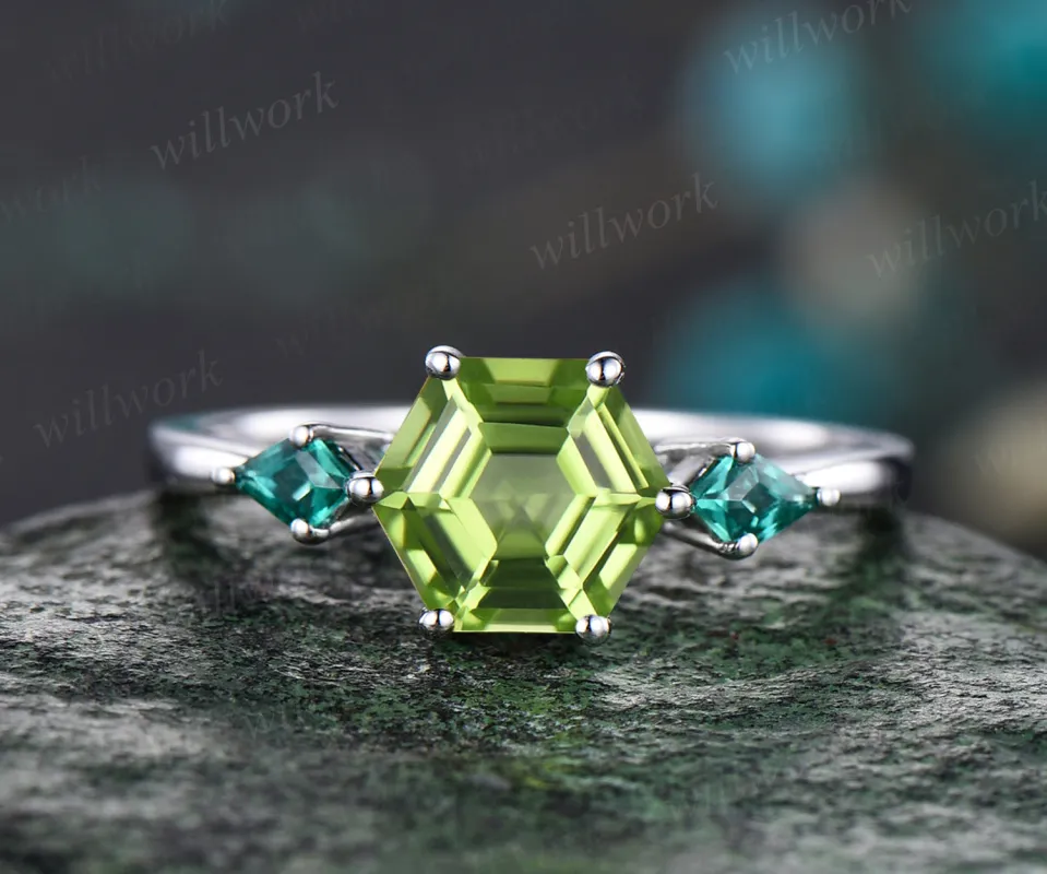 Unique hexagon peridot engagement ring kite cut emerald wedding ring three stones promise ring birthstone jewelry gifts for her sold by Willwork Jewelry
