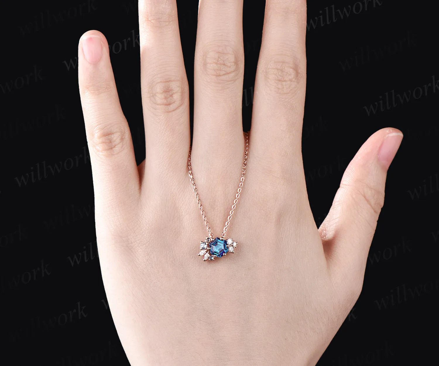 Hexagon alexandrite necklace moissanite art deco cluster pendant 14k/18k rose gold necklace birthstone anniversary gifts for women sold by Willwork Jewelry product image thumbnail 2