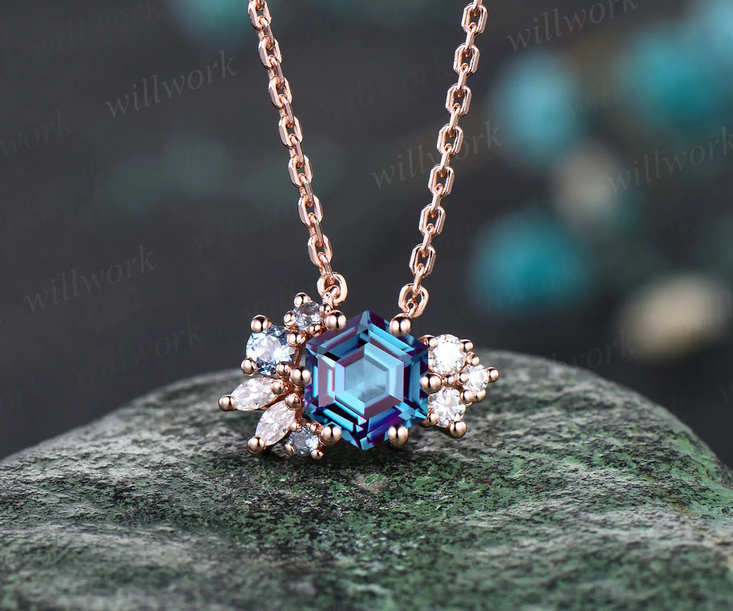 Hexagon alexandrite necklace moissanite art deco cluster pendant 14k/18k rose gold necklace birthstone anniversary gifts for women sold by Willwork Jewelry