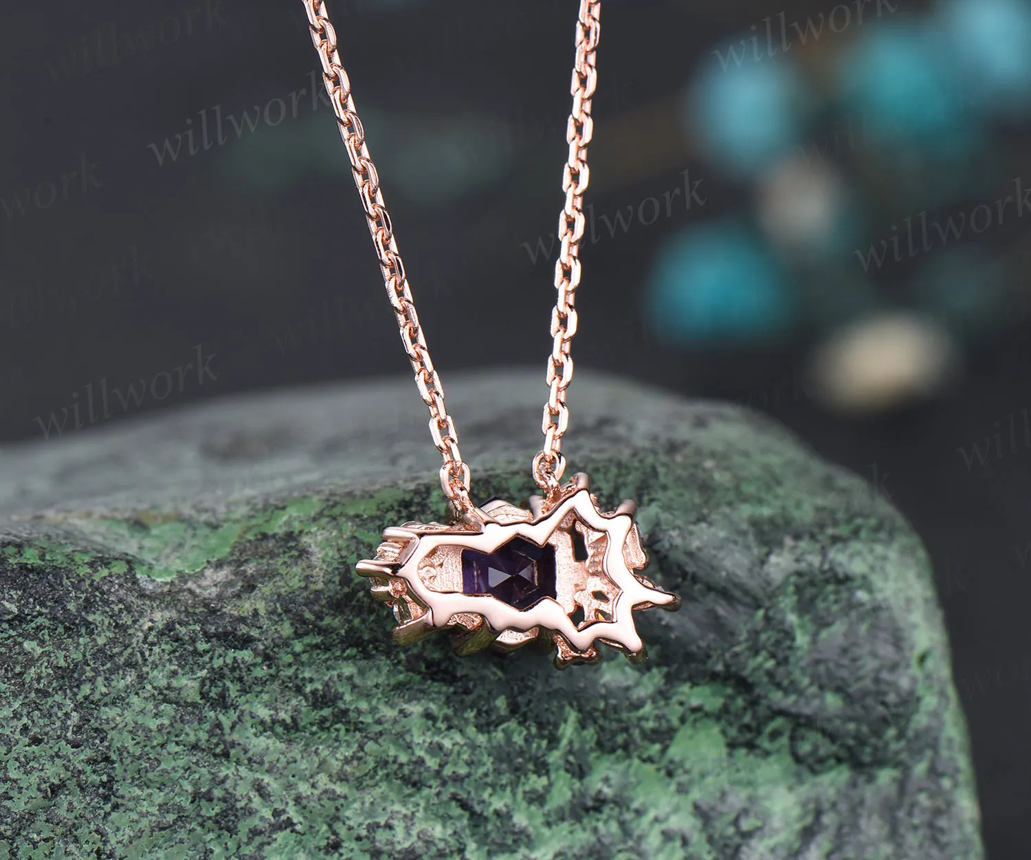 Hexagon alexandrite necklace moissanite art deco cluster pendant 14k/18k rose gold necklace birthstone anniversary gifts for women sold by Willwork Jewelry product image thumbnail 4