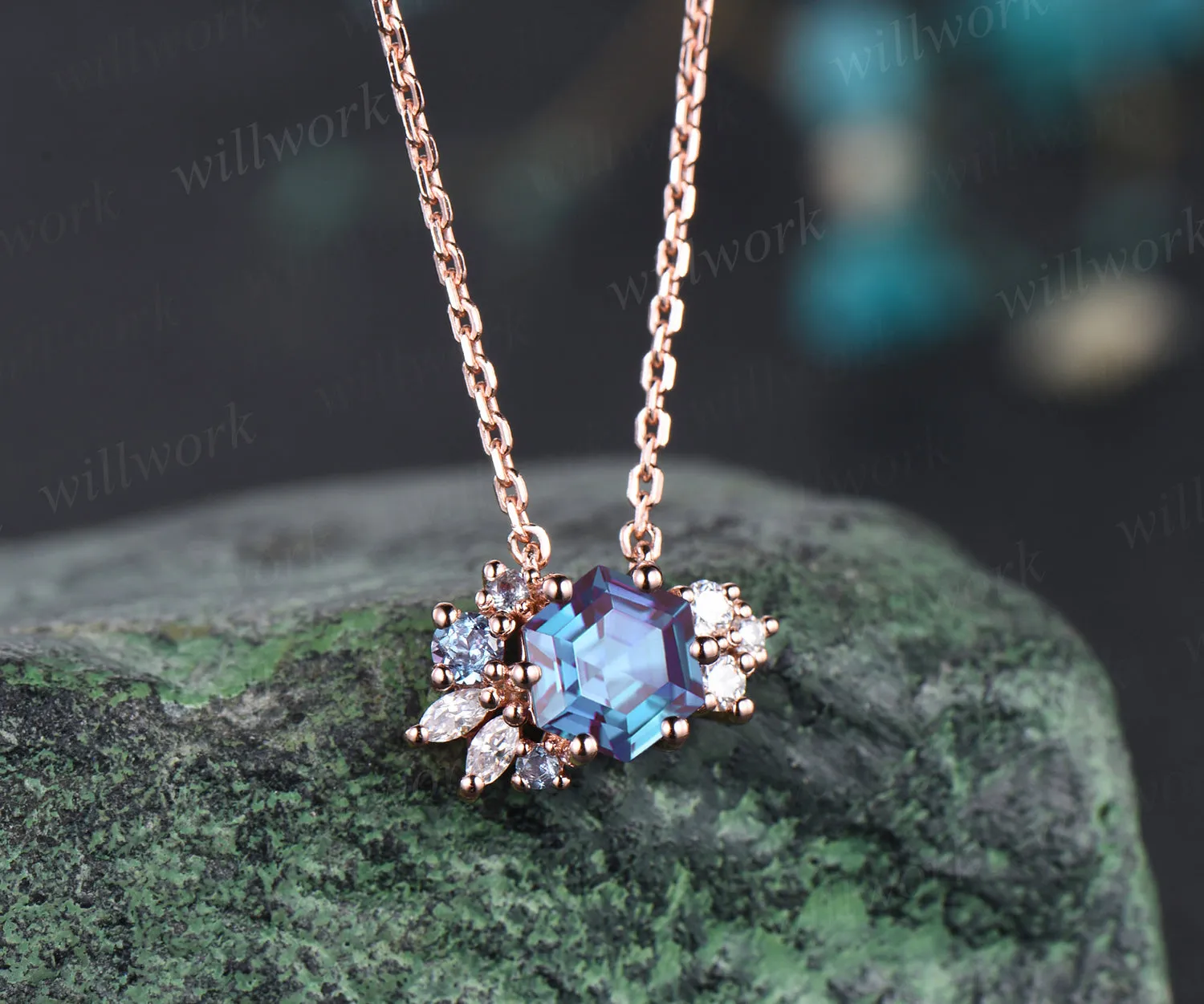 Hexagon alexandrite necklace moissanite art deco cluster pendant 14k/18k rose gold necklace birthstone anniversary gifts for women sold by Willwork Jewelry product image thumbnail 3