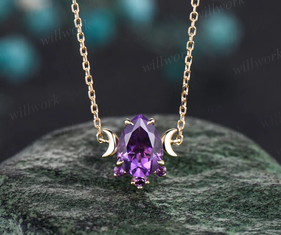 Teardrop natural amethyst necklace unique moon dainty necklace pendant 14k yellow gold mother bridal anniversary gift sold by Willwork Jewelry