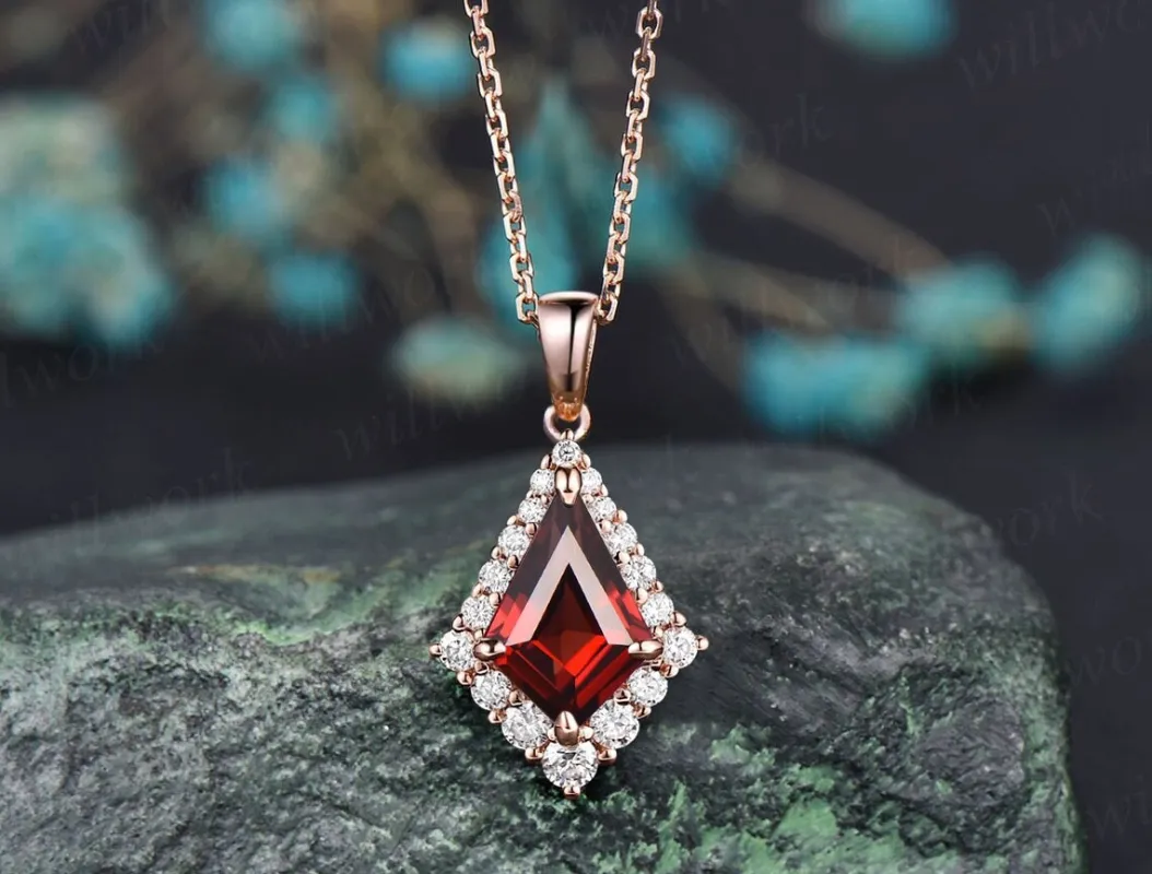 Kite cut natural garnet necklace unique halo snowdrift moissanite necklace pendant rose gold women mother bridal promise anniversary gift sold by Willwork Jewelry