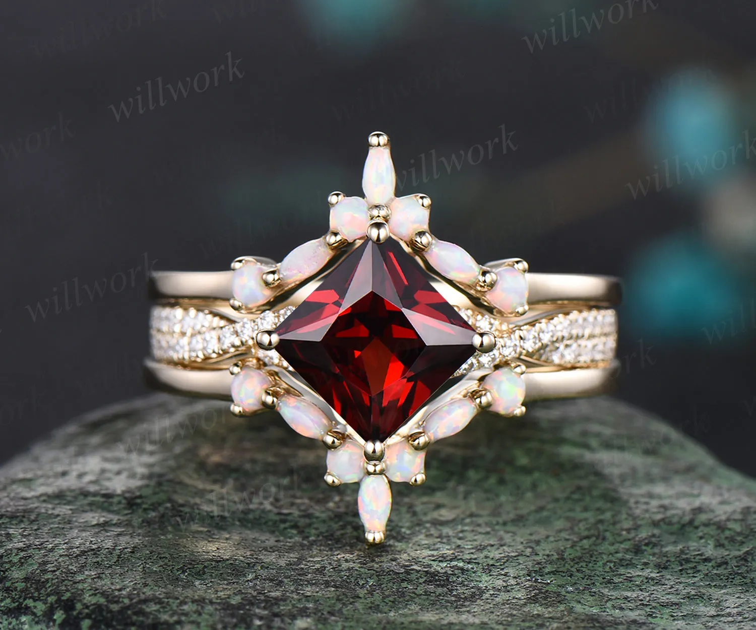3pcs princess cut garnet engagement ring set 14k yellow gold vintage diamond ring curved opal stack wedding band gifts for women sold by Willwork Jewelry