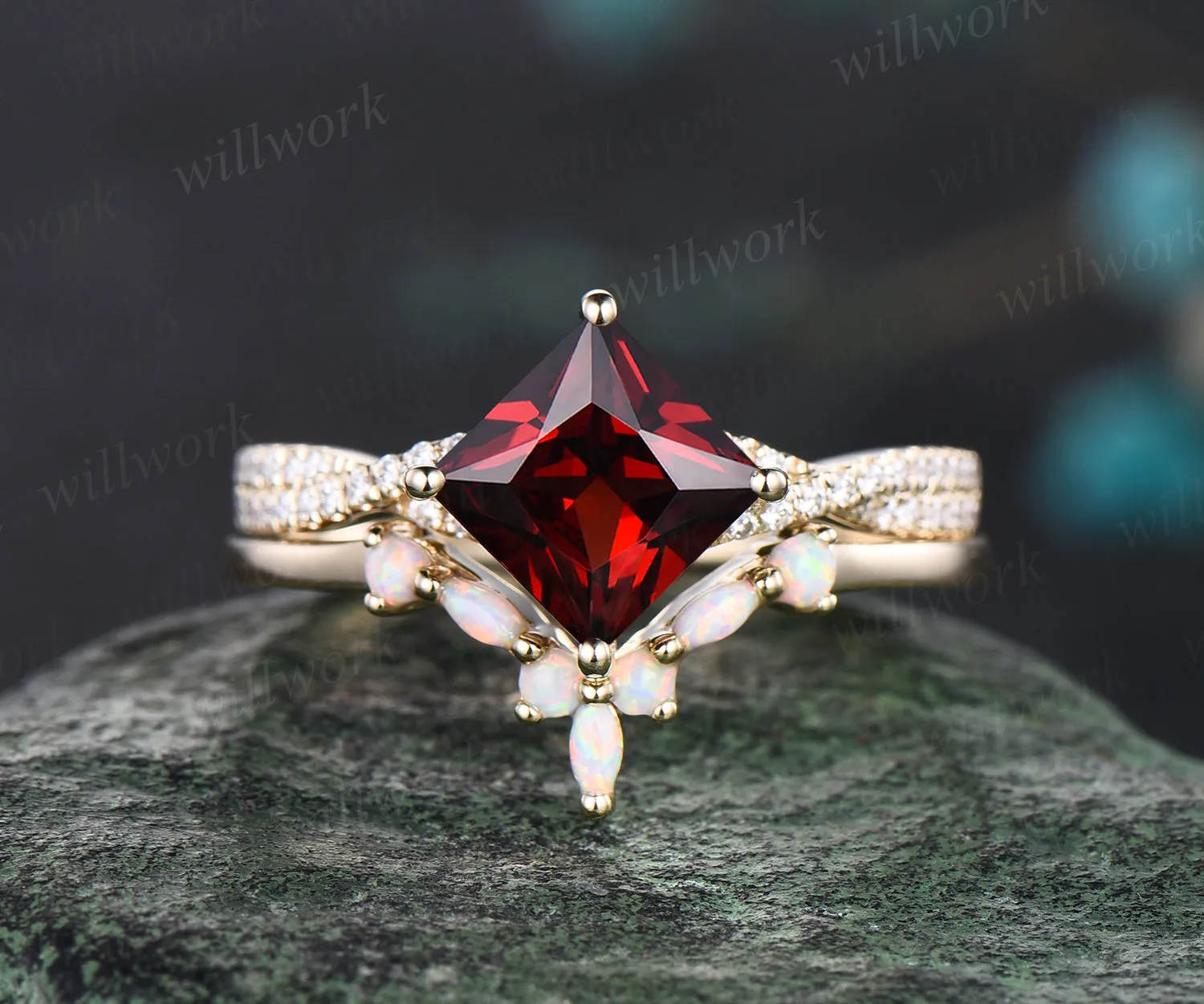 3pcs princess cut garnet engagement ring set 14k yellow gold vintage diamond ring curved opal stack wedding band gifts for women sold by Willwork Jewelry product image thumbnail 5