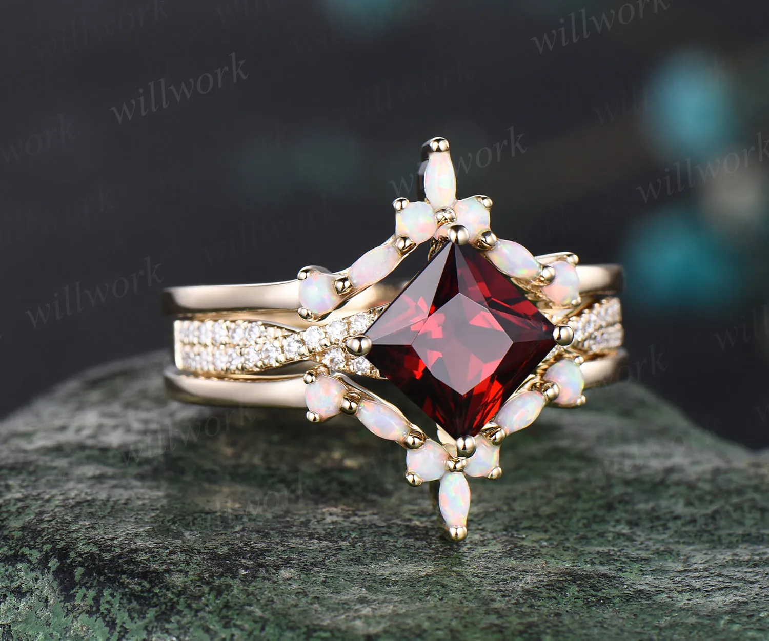 3pcs princess cut garnet engagement ring set 14k yellow gold vintage diamond ring curved opal stack wedding band gifts for women sold by Willwork Jewelry product image thumbnail 3