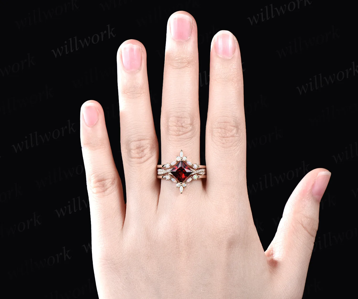 3pcs princess cut garnet engagement ring set 14k yellow gold vintage diamond ring curved opal stack wedding band gifts for women sold by Willwork Jewelry product image thumbnail 2