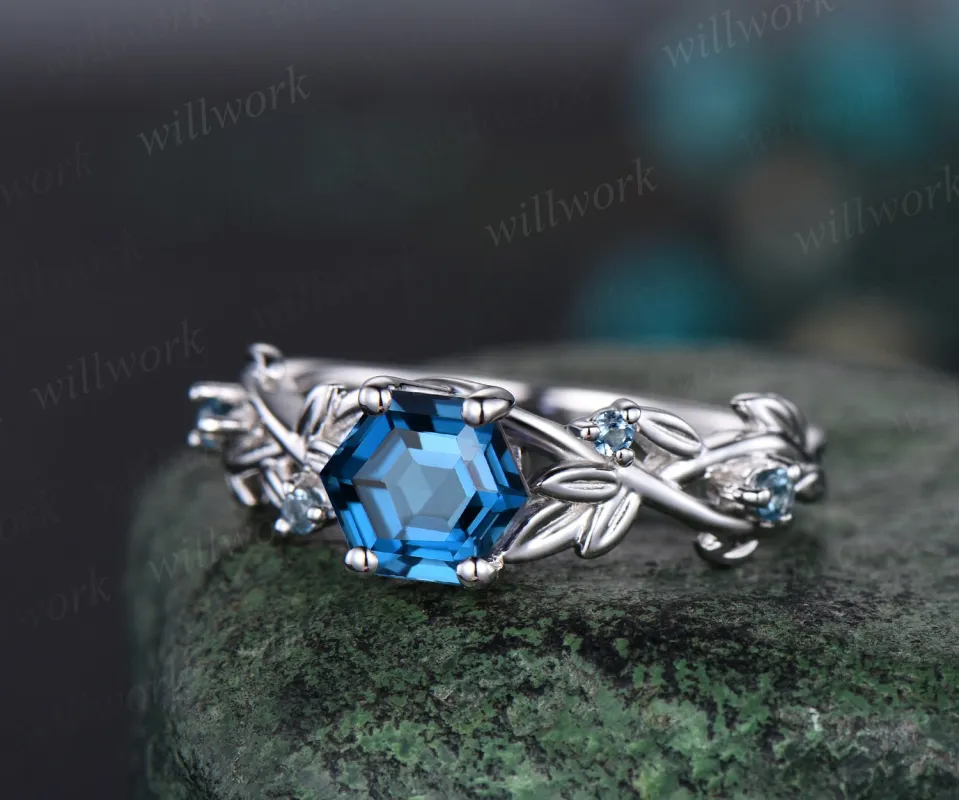 Leaf five stone hexagon London blue topaz engagement ring women white gold art deco East to west crystal ring blue gemstone promise ring her sold by Willwork Jewelry