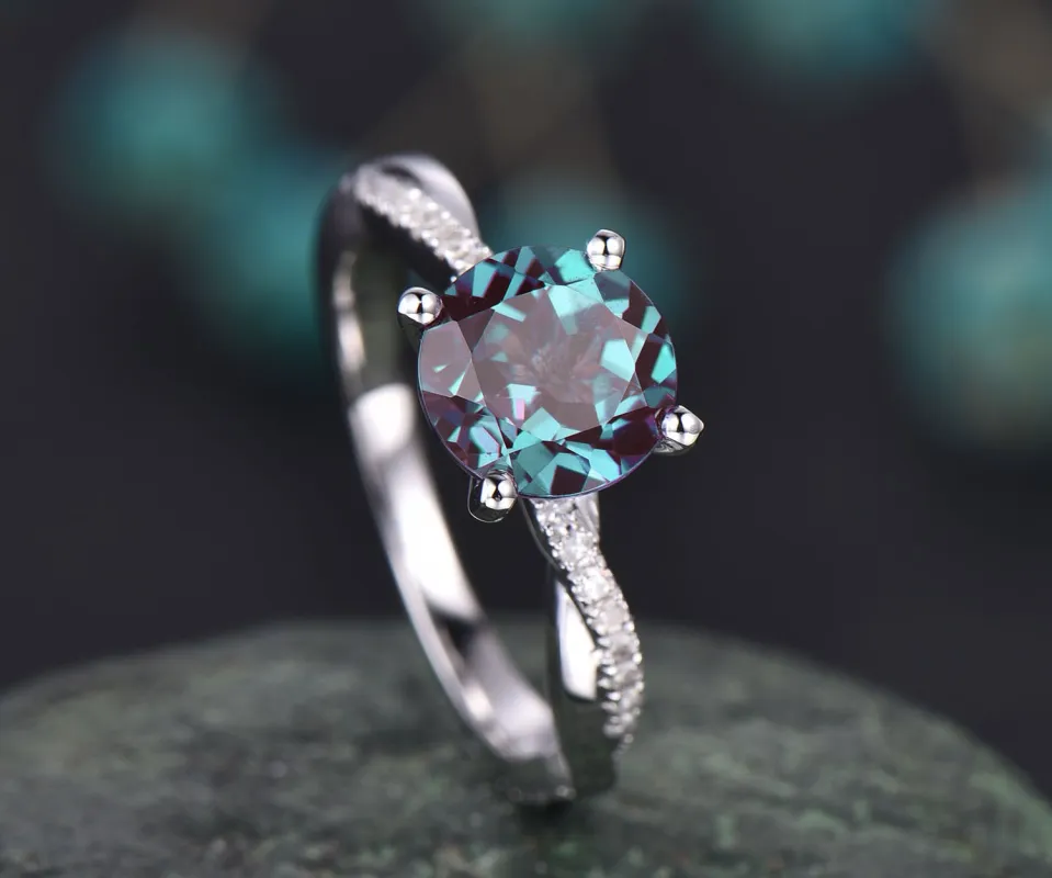 Real diamond ring Alexandrite ring vintage unique engagement ring Alexandrite engagement ring white gold 3/4 eternity stacking ring band sold by Willwork Jewelry