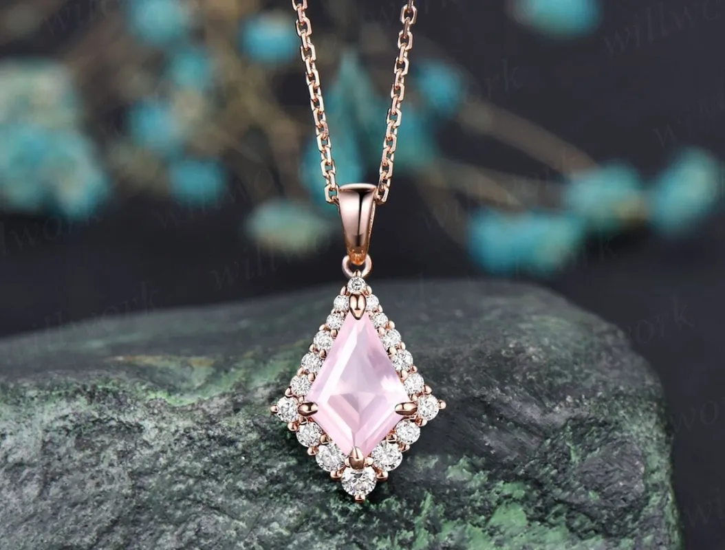 Kite cut rose quartz necklace unique halo snowdrift moissanite necklace pendant rose gold women mother bridal promise anniversary gift made by Willwork Jewelry