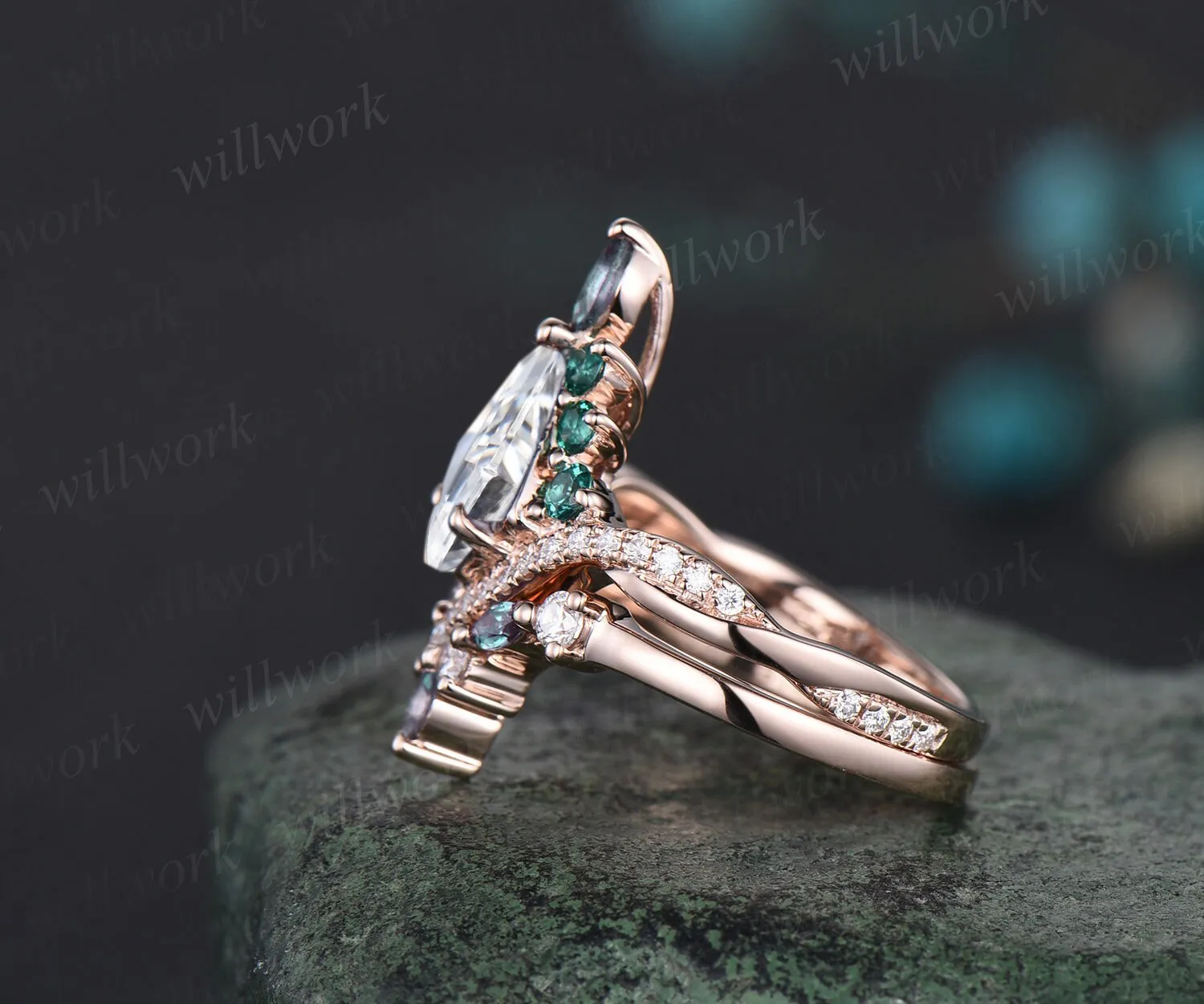 Vintage kite moissanite engagement ring set rose gold art deco alexandrite emerald ring women twisted halo diamond bridal promise ring her sold by Willwork Jewelry product image thumbnail 4