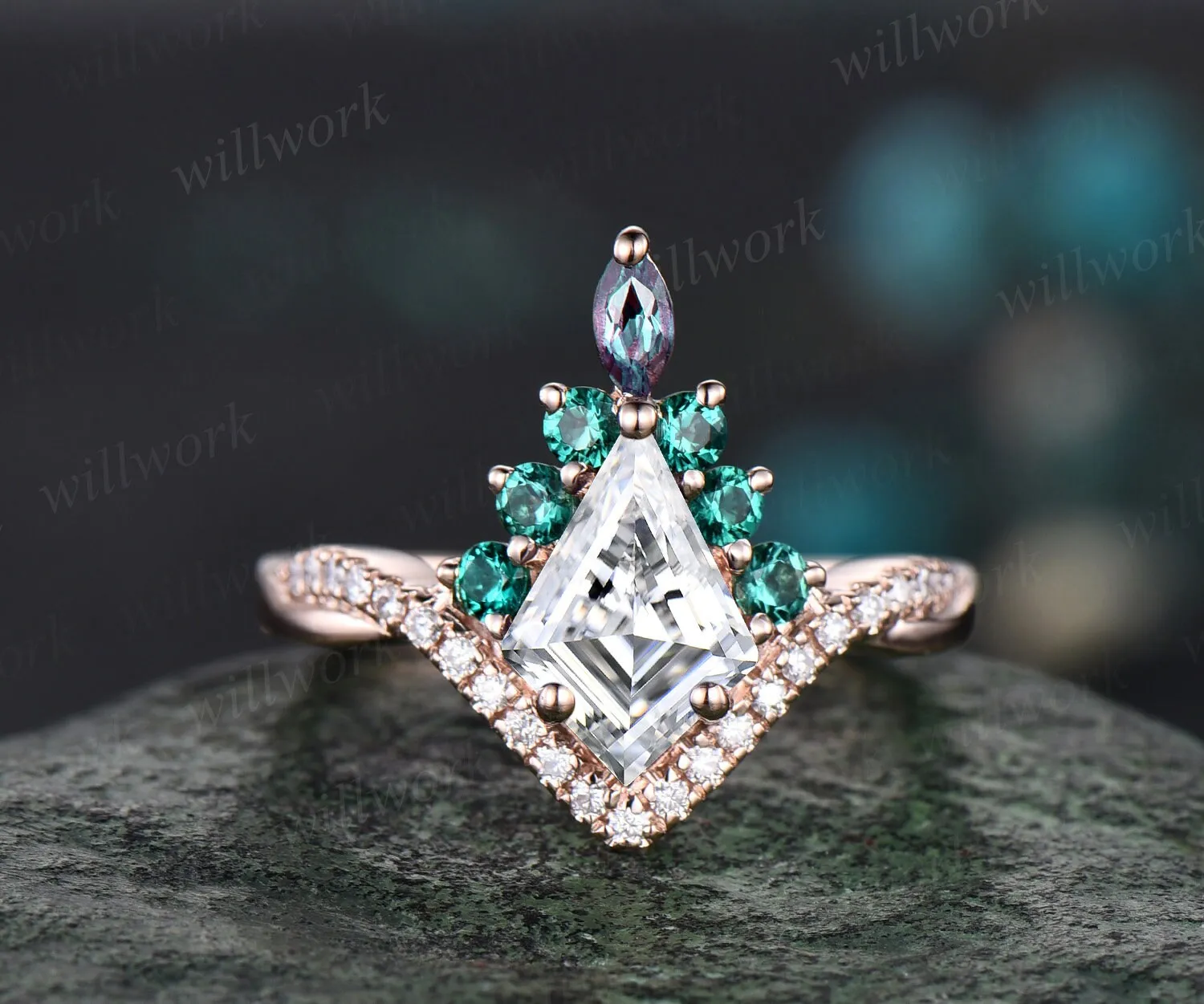Vintage kite moissanite engagement ring set rose gold art deco alexandrite emerald ring women twisted halo diamond bridal promise ring her sold by Willwork Jewelry product image thumbnail 5