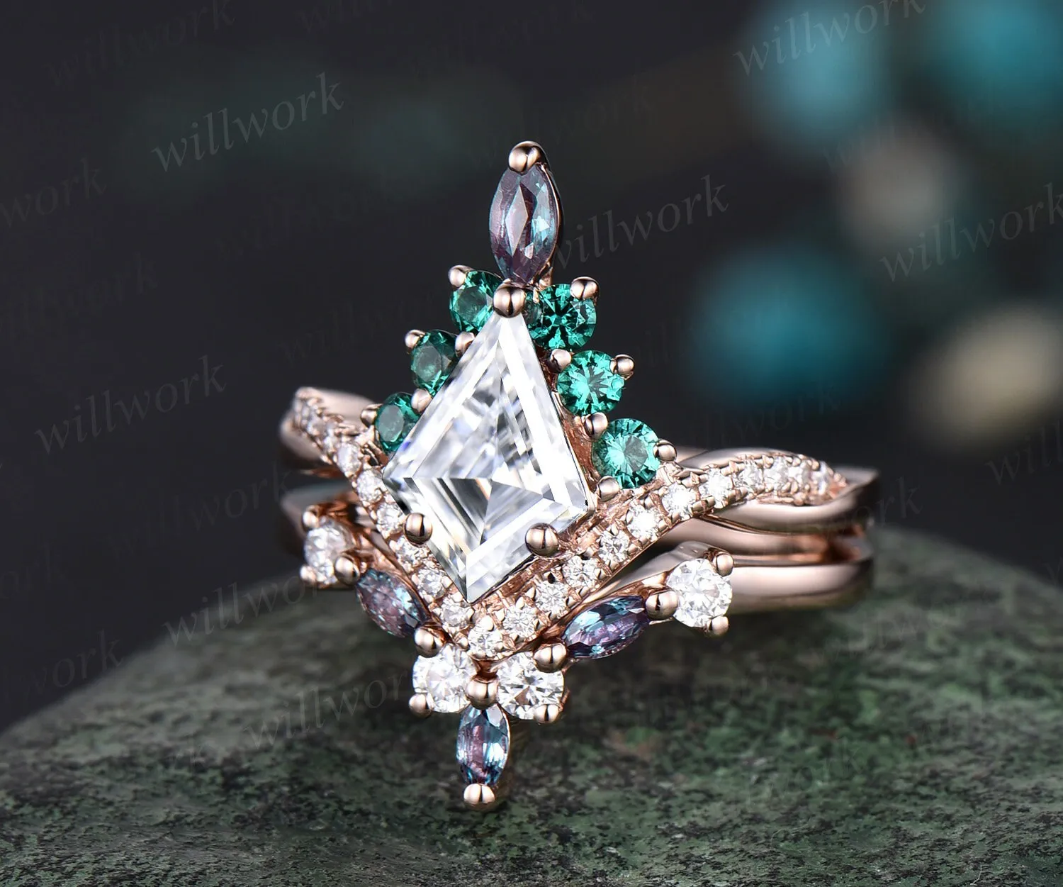 Vintage kite moissanite engagement ring set rose gold art deco alexandrite emerald ring women twisted halo diamond bridal promise ring her sold by Willwork Jewelry product image thumbnail 3