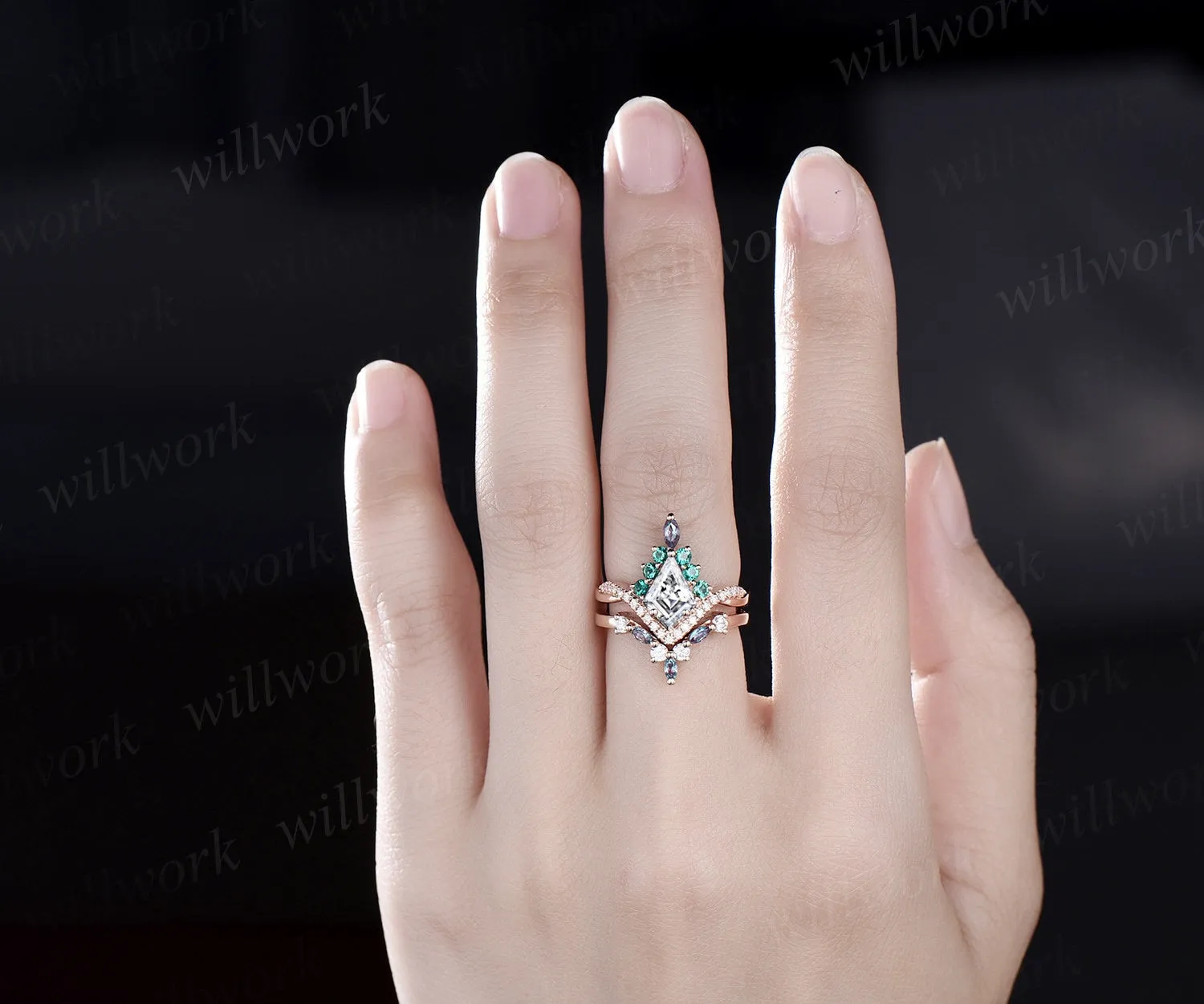 Vintage kite moissanite engagement ring set rose gold art deco alexandrite emerald ring women twisted halo diamond bridal promise ring her sold by Willwork Jewelry product image thumbnail 2