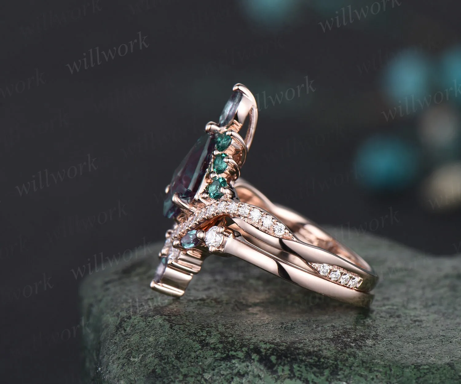 Vintage kite alexandrite engagement ring set 14k rose gold art deco emerald ring women twisted eternity halo diamond bridal promise ring sold by Willwork Jewelry product image thumbnail 4