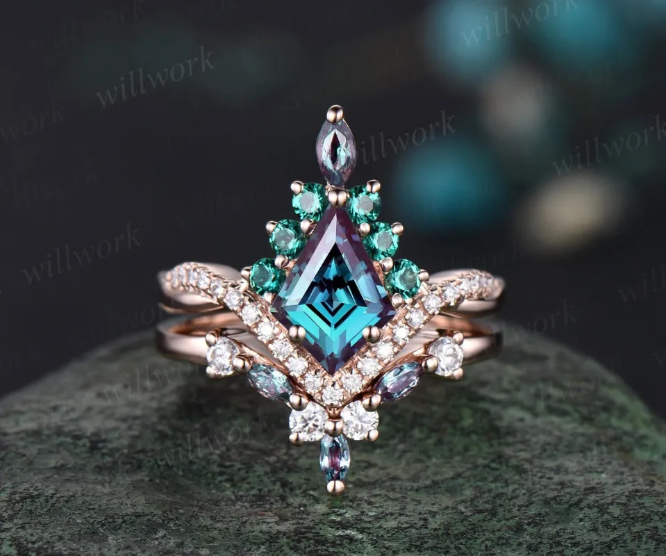 Vintage kite alexandrite engagement ring set 14k rose gold art deco emerald ring women twisted eternity halo diamond bridal promise ring sold by Willwork Jewelry