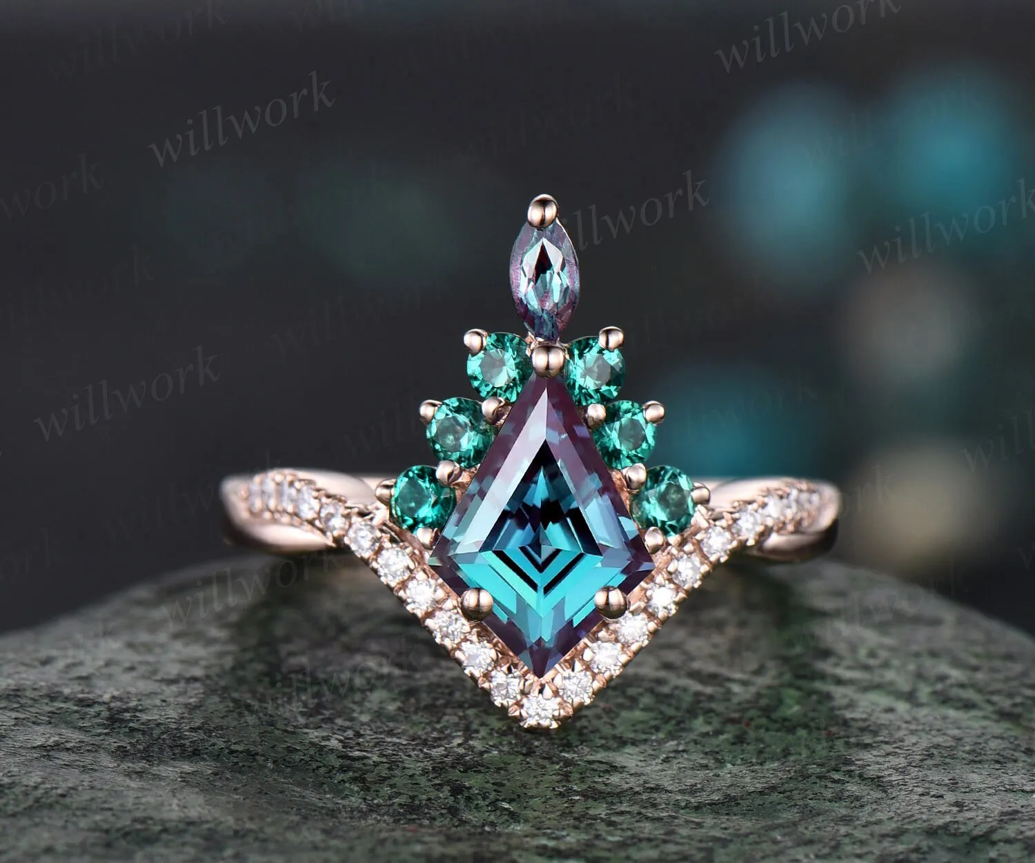 Vintage kite alexandrite engagement ring set 14k rose gold art deco emerald ring women twisted eternity halo diamond bridal promise ring sold by Willwork Jewelry product image thumbnail 5
