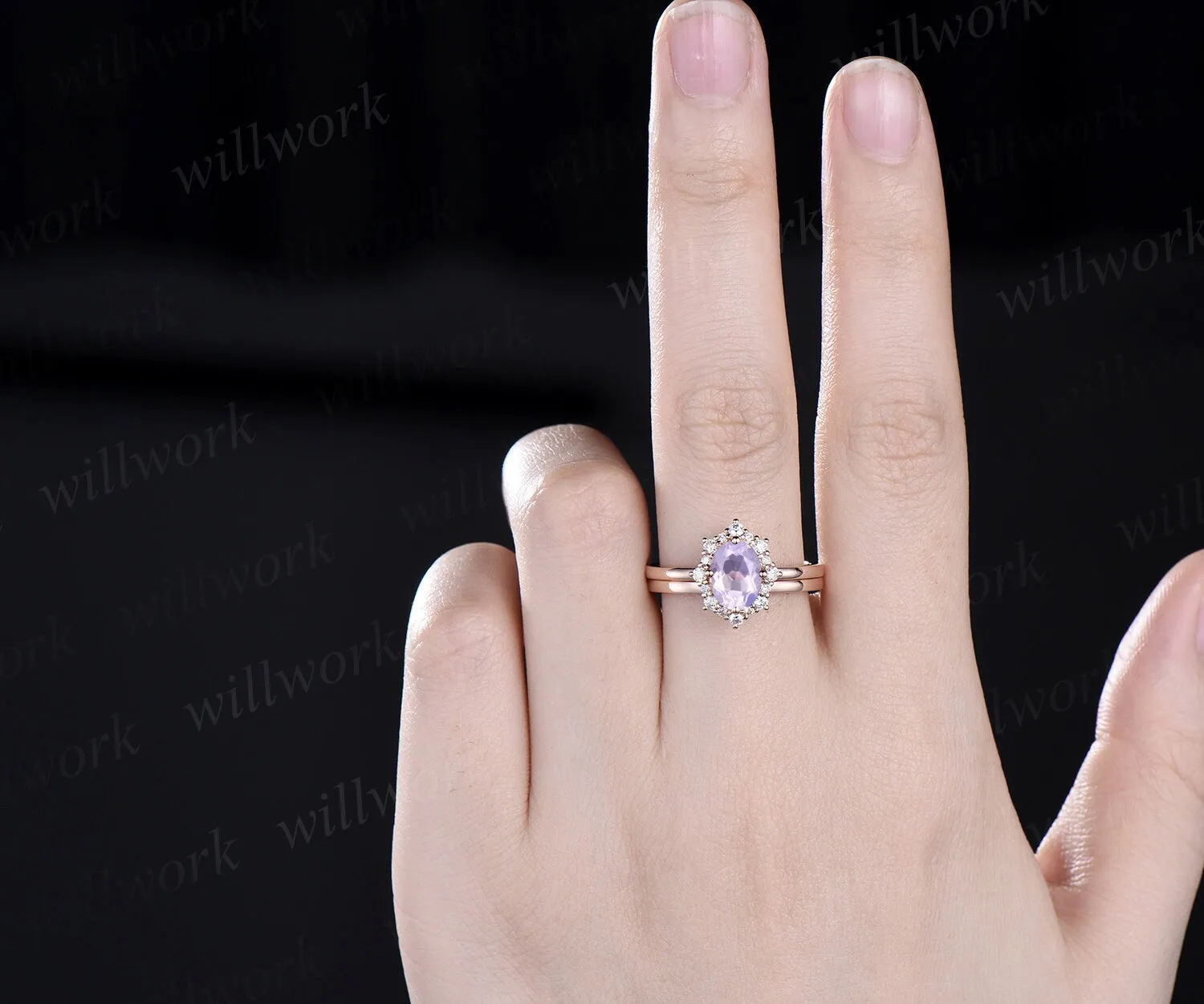 Oval cut Lavender Amethyst engagement ring snowdrift halo diamond bridal set solid 14k rose gold stacking Solitaire wedding ring band women sold by Willwork Jewelry product image thumbnail 2