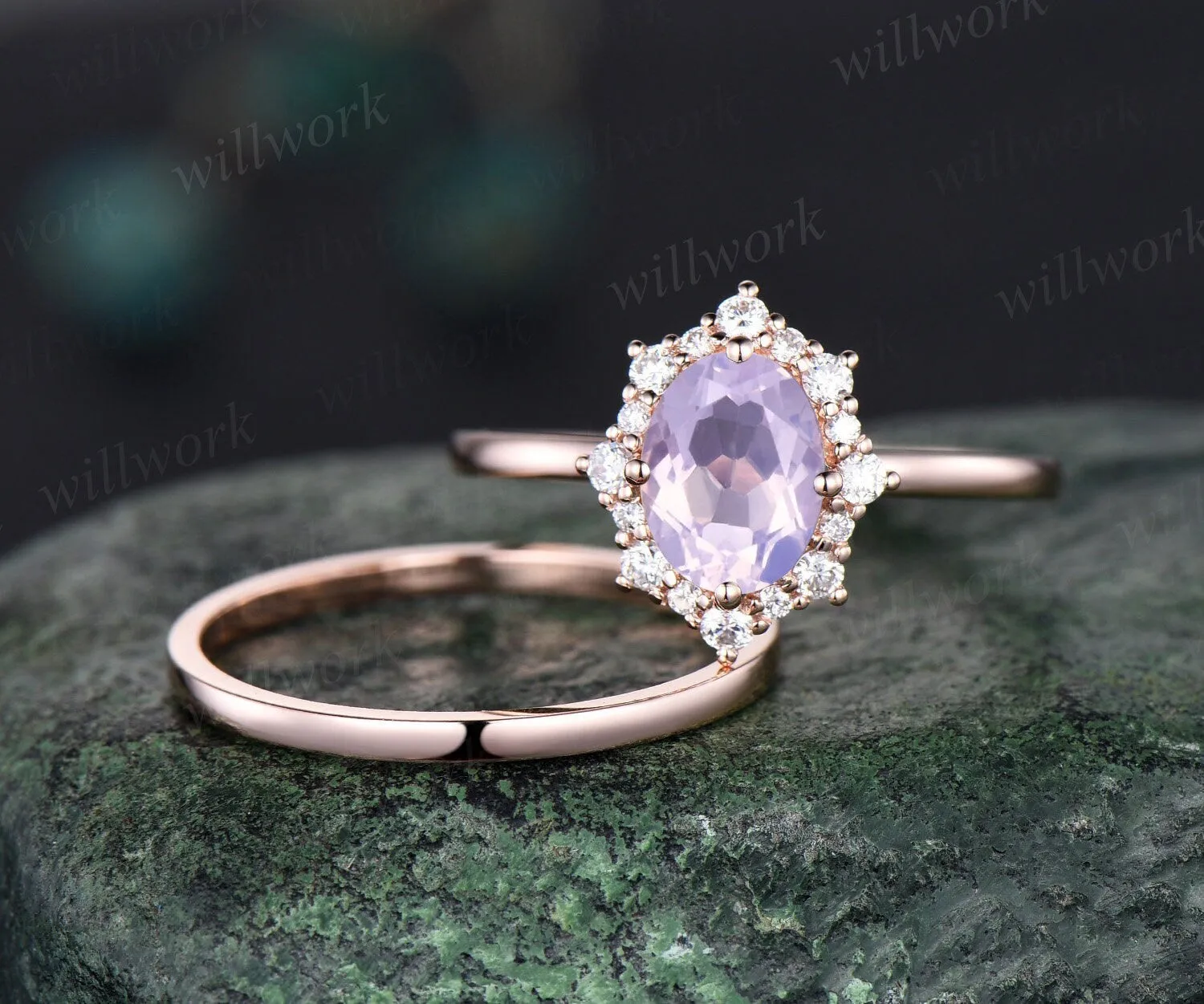 Oval cut Lavender Amethyst engagement ring snowdrift halo diamond bridal set solid 14k rose gold stacking Solitaire wedding ring band women sold by Willwork Jewelry