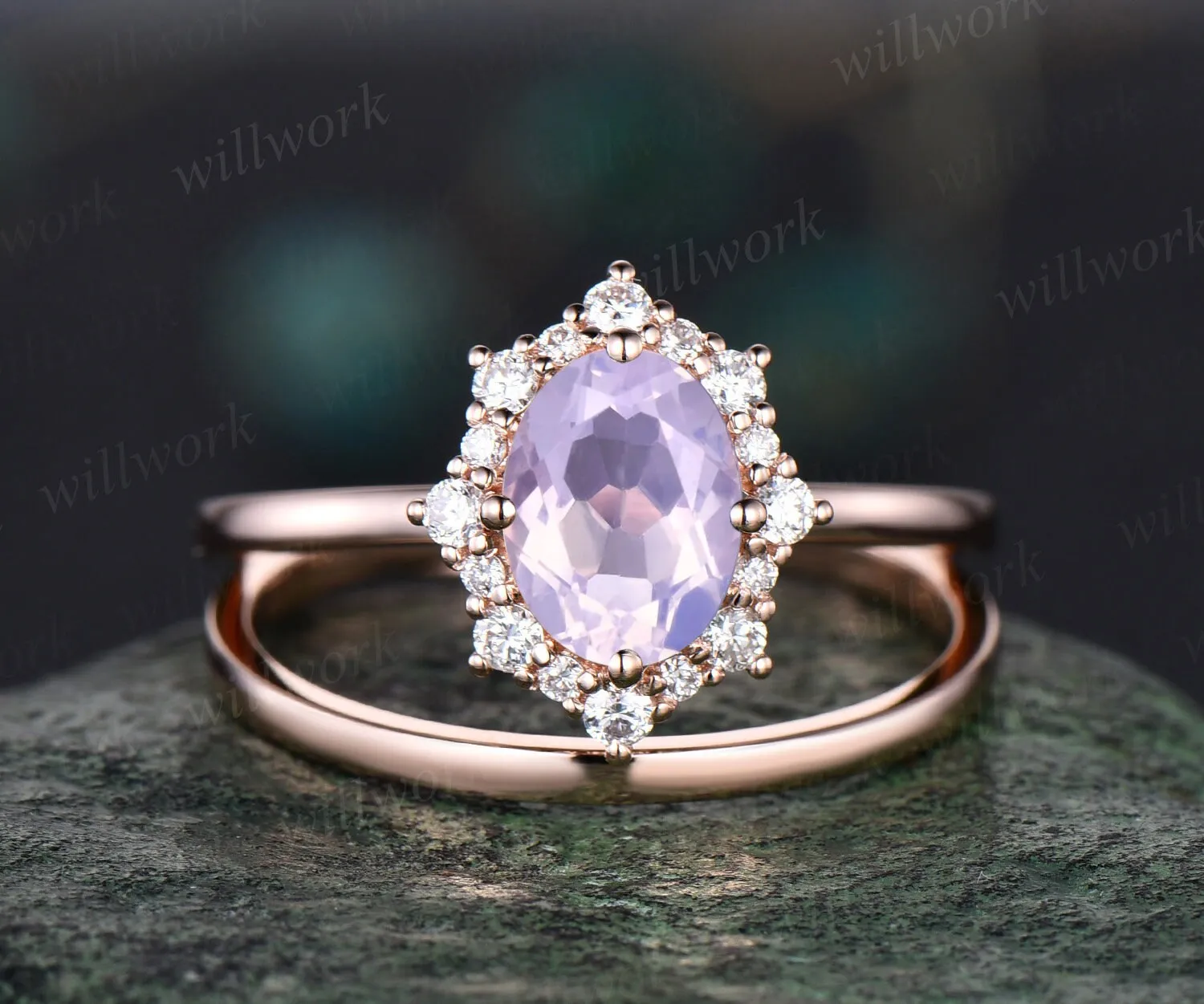 Oval cut Lavender Amethyst engagement ring snowdrift halo diamond bridal set solid 14k rose gold stacking Solitaire wedding ring band women sold by Willwork Jewelry product image thumbnail 3