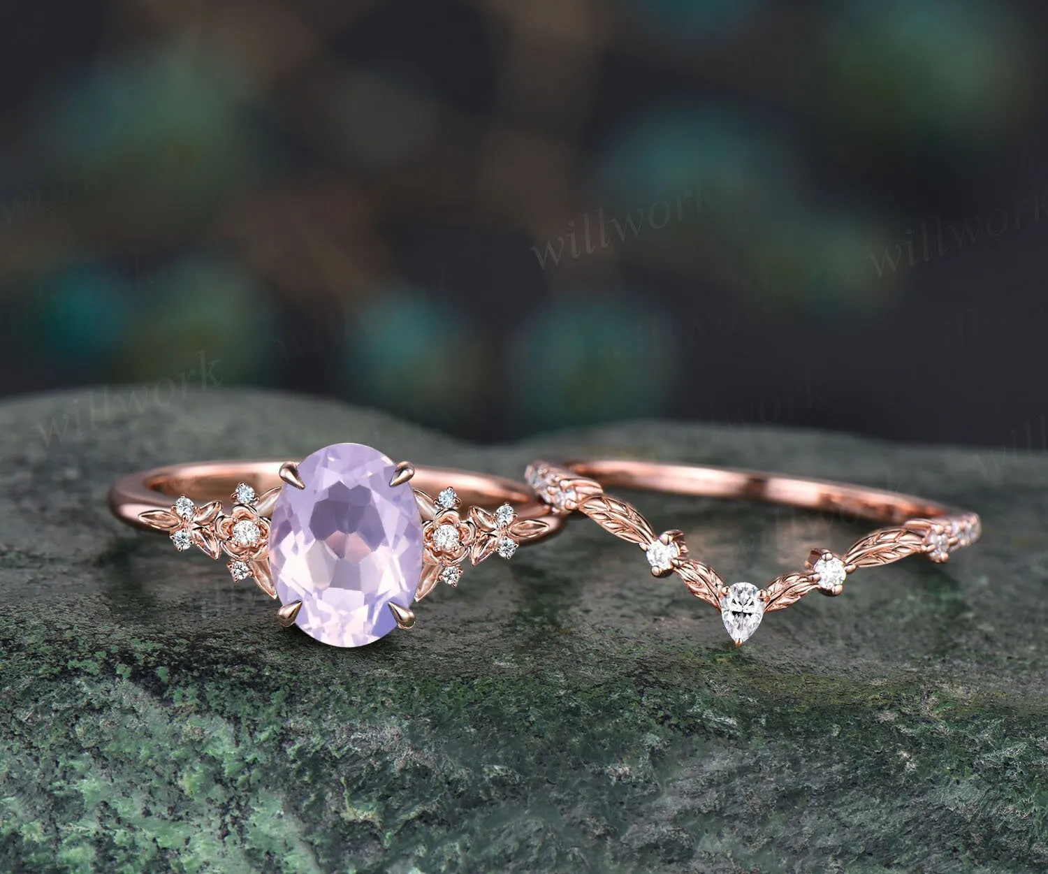 Vintage oval Lavender Amethyst engagement ring set 14k rose gold leaf floral nature inspired diamond ring unique promise wedding ring women sold by Willwork Jewelry product image thumbnail 3