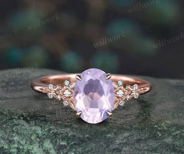 Vintage oval Lavender Amethyst engagement ring set 14k rose gold leaf floral nature inspired diamond ring unique promise wedding ring women sold by Willwork Jewelry product image thumbnail 5